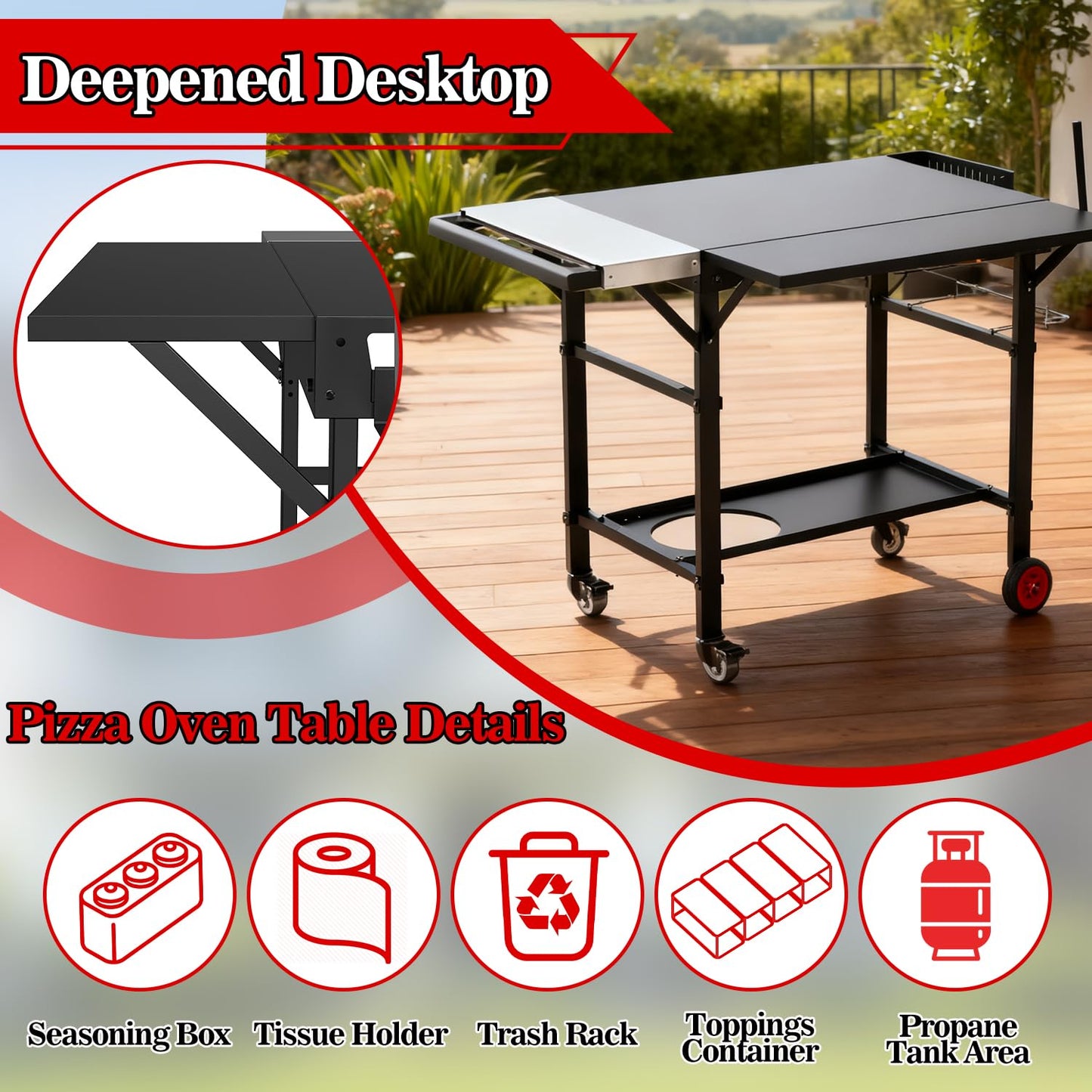 AOKEMAi Grill Table for Oon Pizza Oven Accessories, Ninja Pizza Oven Table with Extendable Desk - Fit Gozney, Solo Stove, Durable Outdoor Grill Cart Stand with Food Prep Topping Station for Backyard