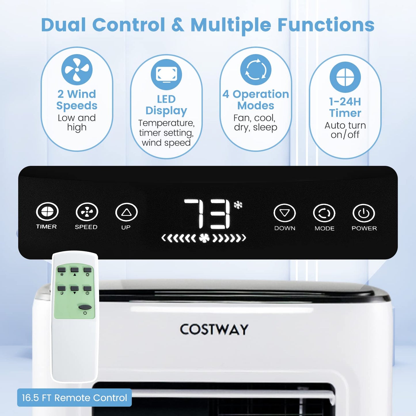 COSTWAY Portable Air Conditioner, 9000 BTU Portable AC with Built-in Dehumidifier, 24H Timer, Smart Sleep Mode, LED Touch Panel for Cooling Rooms up to 280 Sq.Ft, Remote Control & Window Kit Included