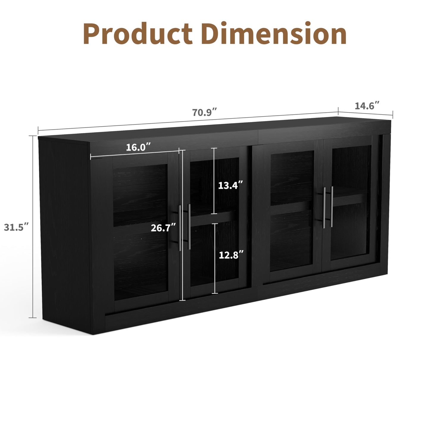 70.8" Sideboard Buffet Cabinet with 4 Glass Doors, Farmhouse Modern Accent Cabinet with Storage, Wood Coffee Bar Media Console Credenza for Living Room, Kitchen, Hallway, Black