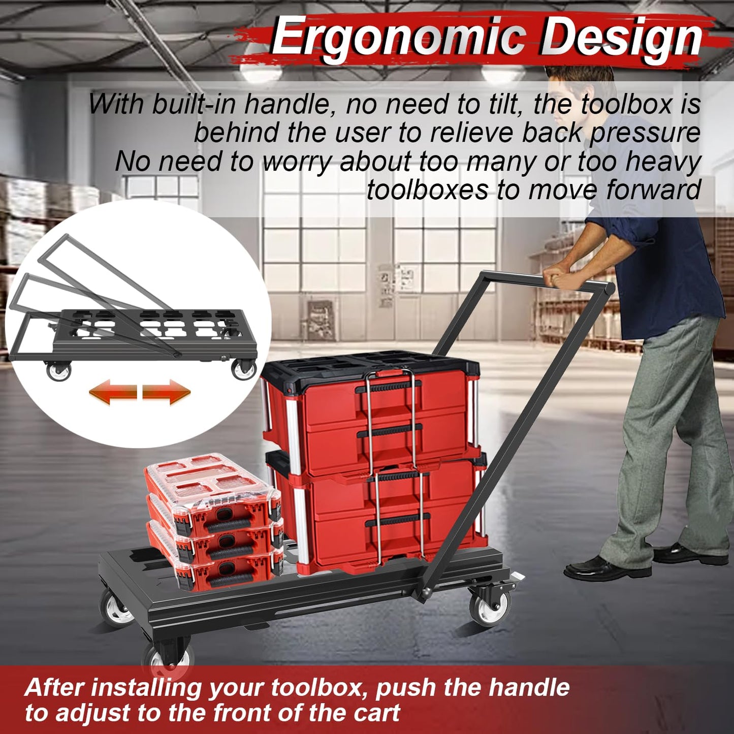 Medium Heavy Duty Toolbox Dolly with Handle, Compatible with Mil.Waukee Packout Toolbox, Double Storage, Thickened Carbon Steel Frame, Larger Wheels with Brake, No Drilling Required, Up to 400lbs
