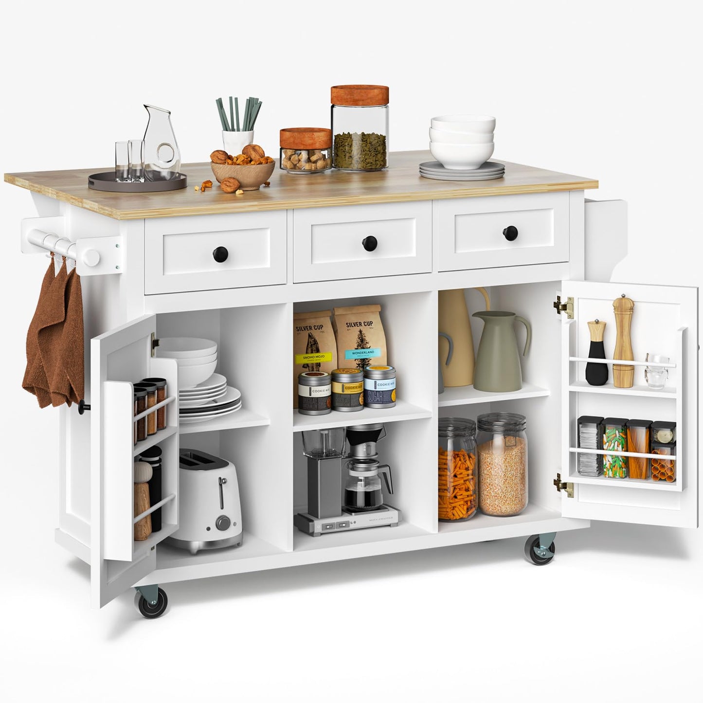 Rovibek Kitchen Island with Drawers 53 in Rolling Island Cart Mobile Portable Islands on Wheels Solid Wood Island with Storage Cabinet & Drawers, Bright White