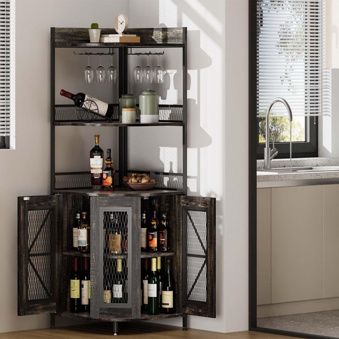 JoanKaren Corner Bar Cabinet with Power Outlet and LED Light, Coffee Bar Cabinet for Home Bar, Industrial Corner Shelf with Wine Storage, 5-Tiers Liquor Cabinet for Home, Living Room, Kitchen (Black)