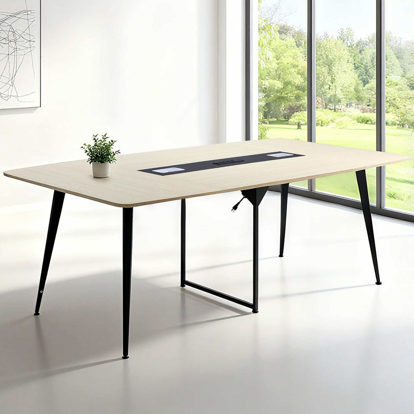 VEVOR Conference Table, 8 ft Boat Shaped Office Meeting Table with Charge Station for 10 Person, Modern Boat Seminar Meeting Desk with Metal Legs for Office, Boardroom, Conference Room, Easy Assembly