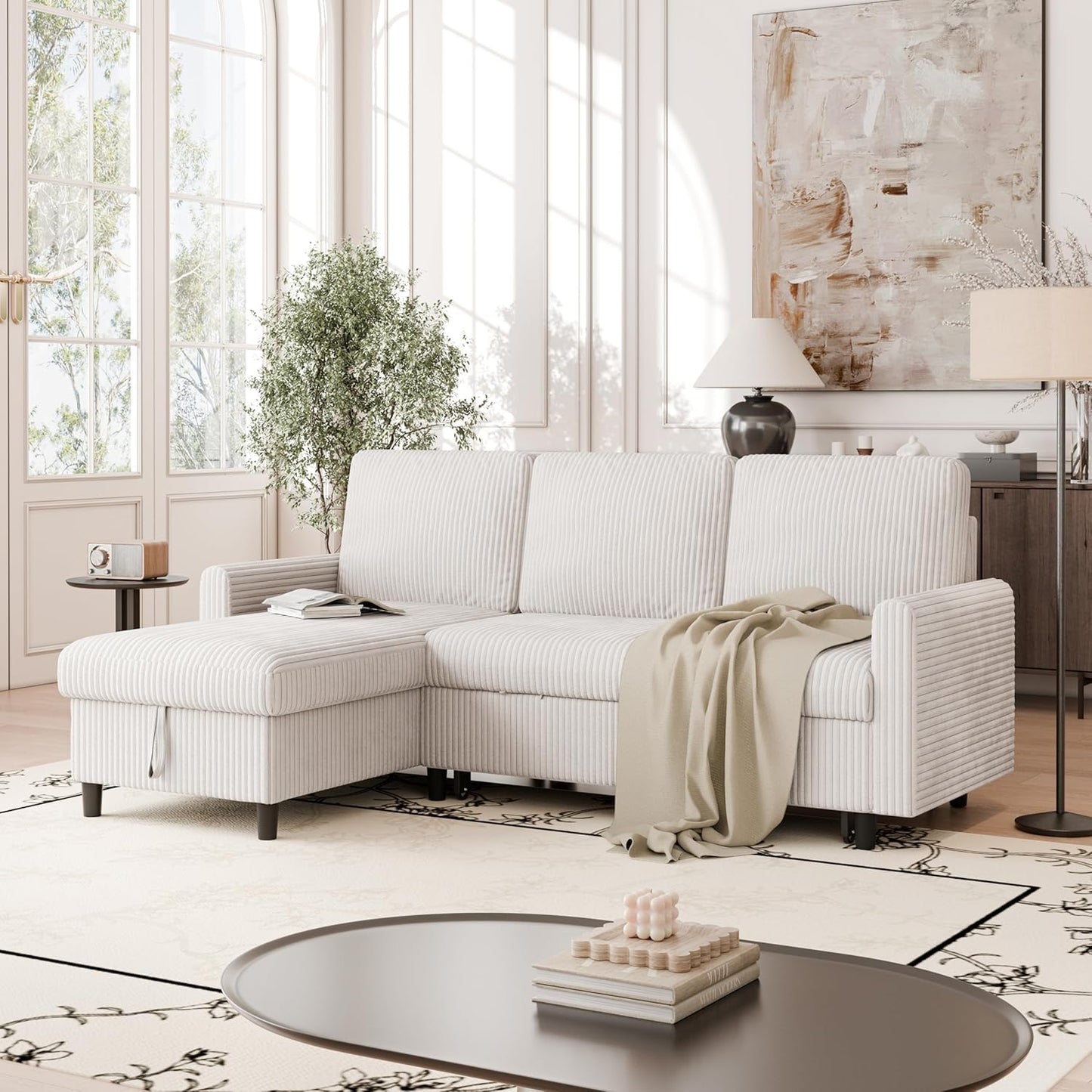 Shintenchi Futon Sofa Bed Convertible Couches L Shaped, 4‑in‑1 Sectional Sleeper Sofa Pull Out Couches for Living Room, Multifunctional Couch with Storage Chaise Corduroy Fabric, White