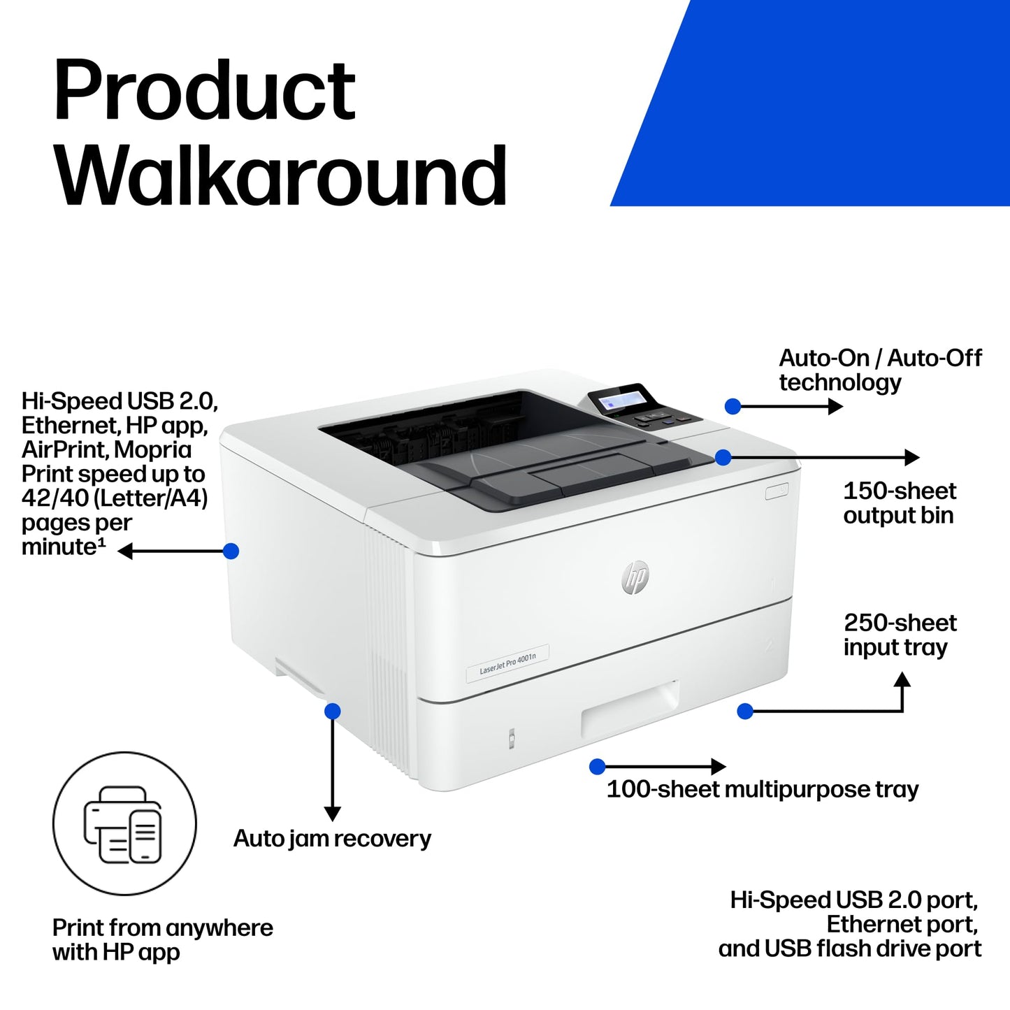 HP LaserJet Pro 4001n Black & White Printer, Print, Fast speeds, Easy Setup, Mobile Printing, Advanced Security, USB, Ethernet Connection, Best-for-Office