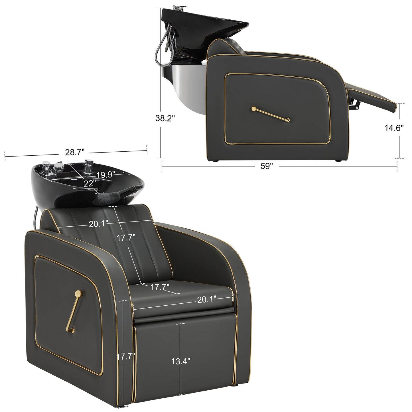 BarberPub Backwash Shampoo Chair and Bowl Set, Adjustable Porcelain Ceramic Wash Bowl Sink Unit, Luxurious Shampoo Station Chair for Spa Beauty Salon Hair Salon 9175 (Luxurious, Grey)