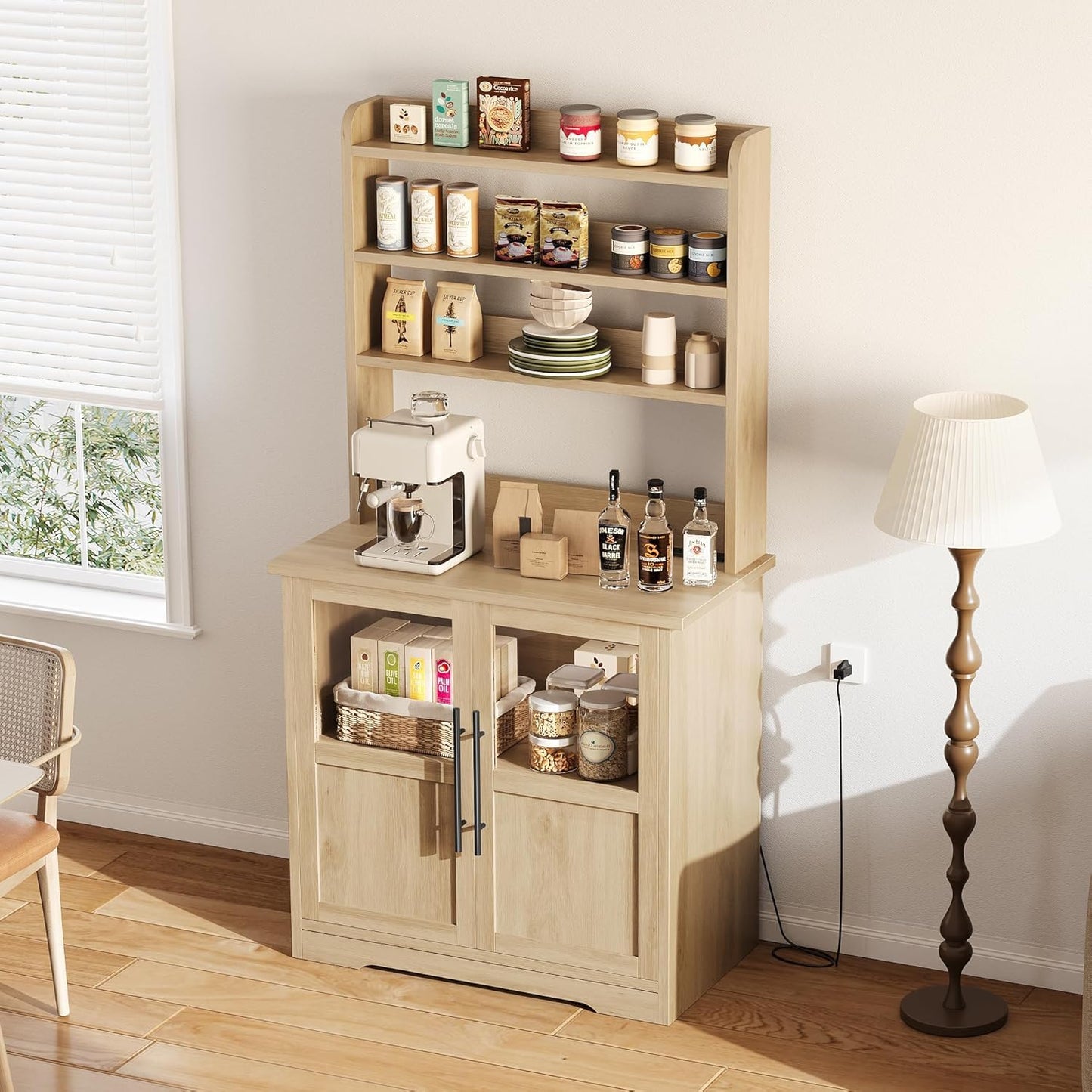 Farmhouse Bakers Rack with Power Outlet, Microwave Stand Cabinet with Thickened Countertop and Storage Shelves, Small Kitchen Coffee Bar Station, Freestanding Pantry Organizer for Dining Room