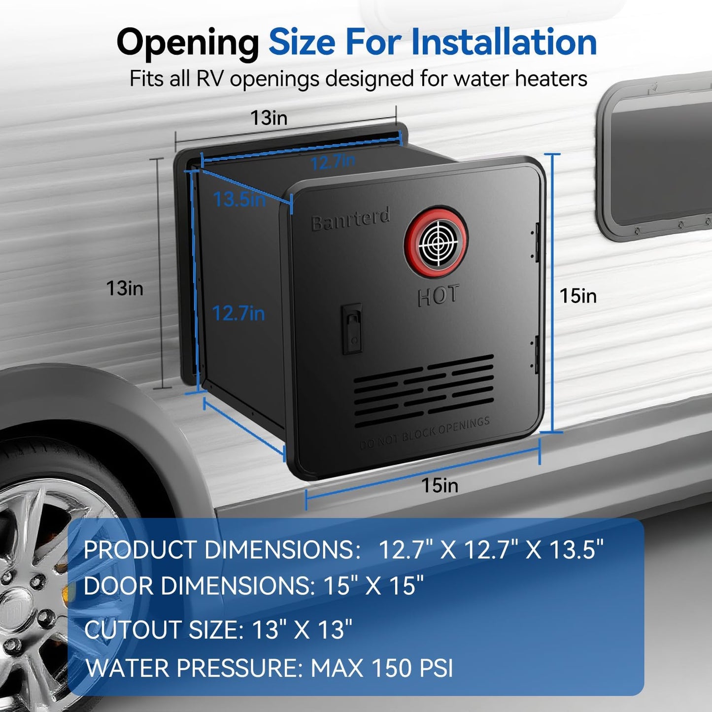 Banrterd RV Tankless Water Heater, 55000 BTU High Altitude Available, On Demand Instant Hot Water Heater, 15x15 inch Black Door and Front Water Outlet, DC 12V CSA Certificated, Compatible with all RVs