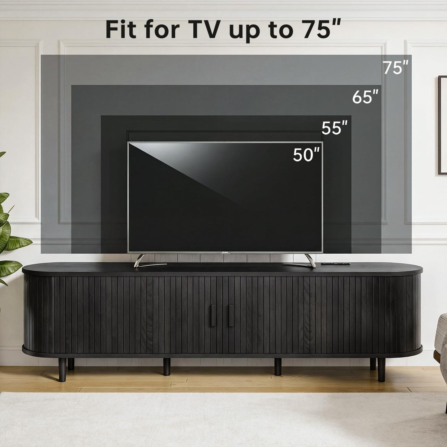 OneBlis 70" Mid Century Modern TV Stand, Wood TV Consoles with Sliding Doors and Power Outlet, Fluted Entertainment Center with Adjustable Shelves, Media Console for Living Room, Black