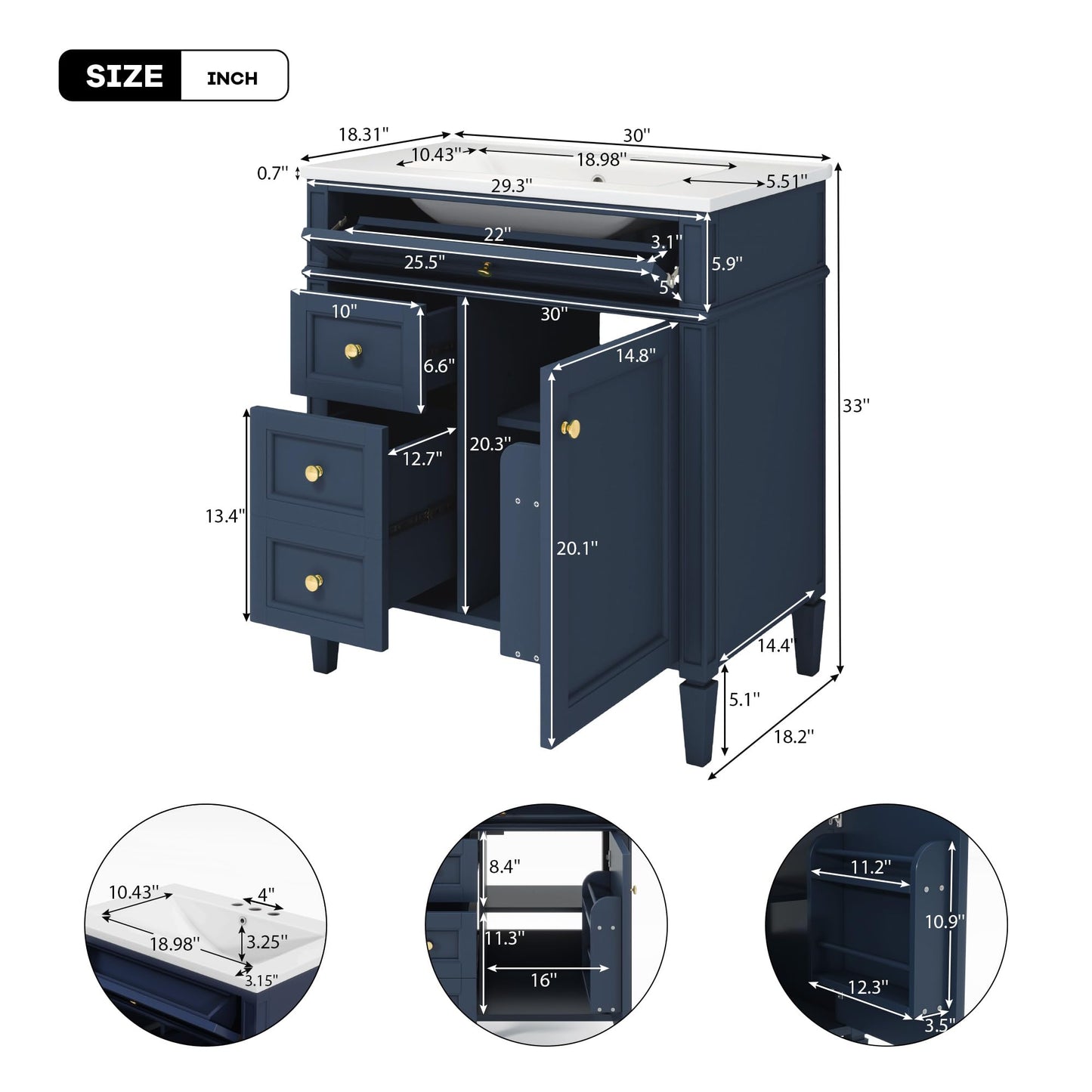 Merax 30 Inch Bathroom Vanity with Ceramic Sink, Solid Wood Frame Modern Bathroom Sink Storage Cabinet with 2 Drawers and a Tip-Out Drawer, Single Sink Bathroom Vanities, Navy Blue