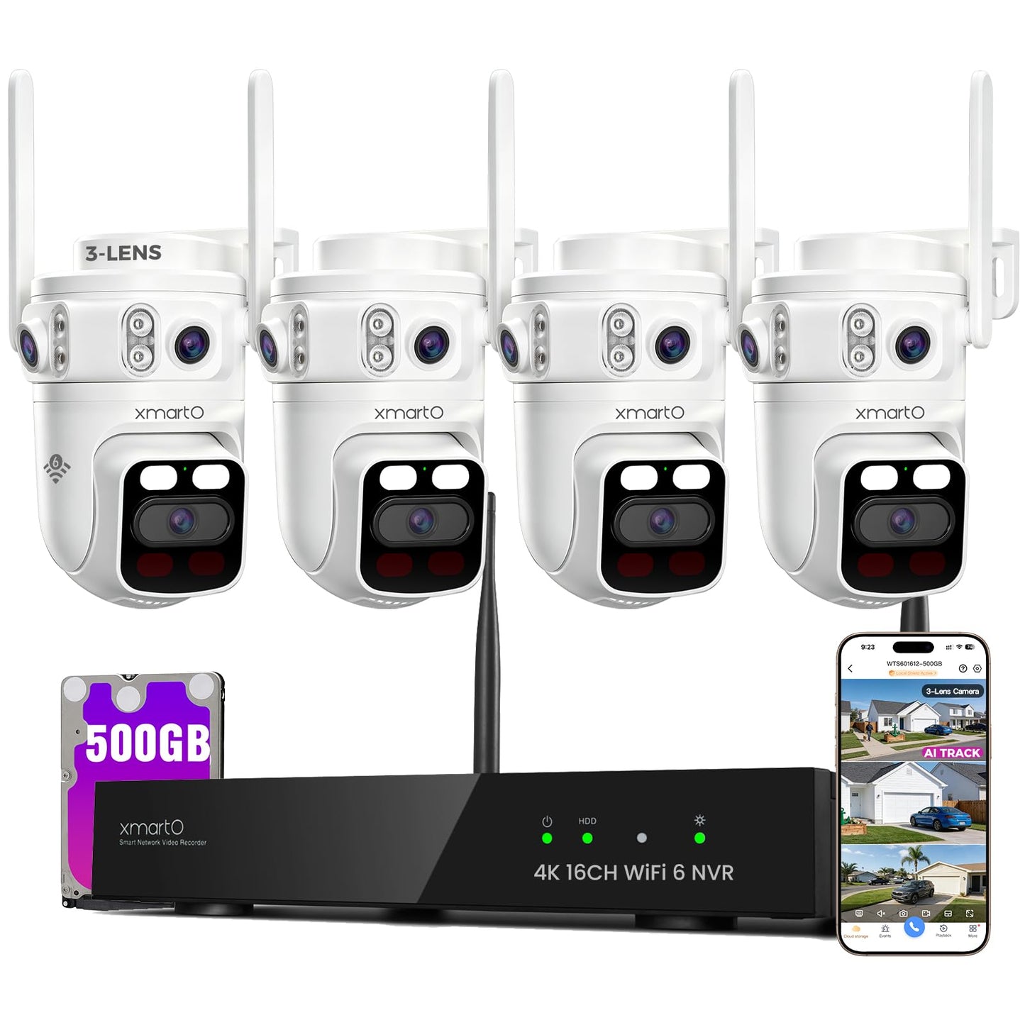 XMARTO 6MP Tri-Lens 4-Cam 500GB WiFi Mesh Security Camera System,16CH 4K H.265 WiFi-Inside NVR,360°PTZ AI Tracking,3-View/Cam,Long Range Wireless,Plug-in 24/7 Home Surveillance,Local & Mobile View