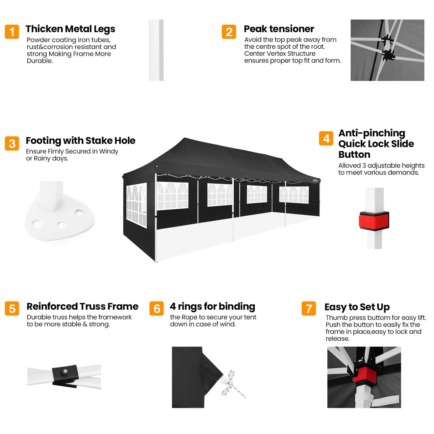 COBIZI 10x30 Pop up Canopy with Roller Bag & 8 Removable Sidewalls, Canopy Tent for Parties, Wedding, and Commercials, Waterproof and Instant Shelter UV50+ Outdoor Gazebo with 4 Sandbags(Pure Black)