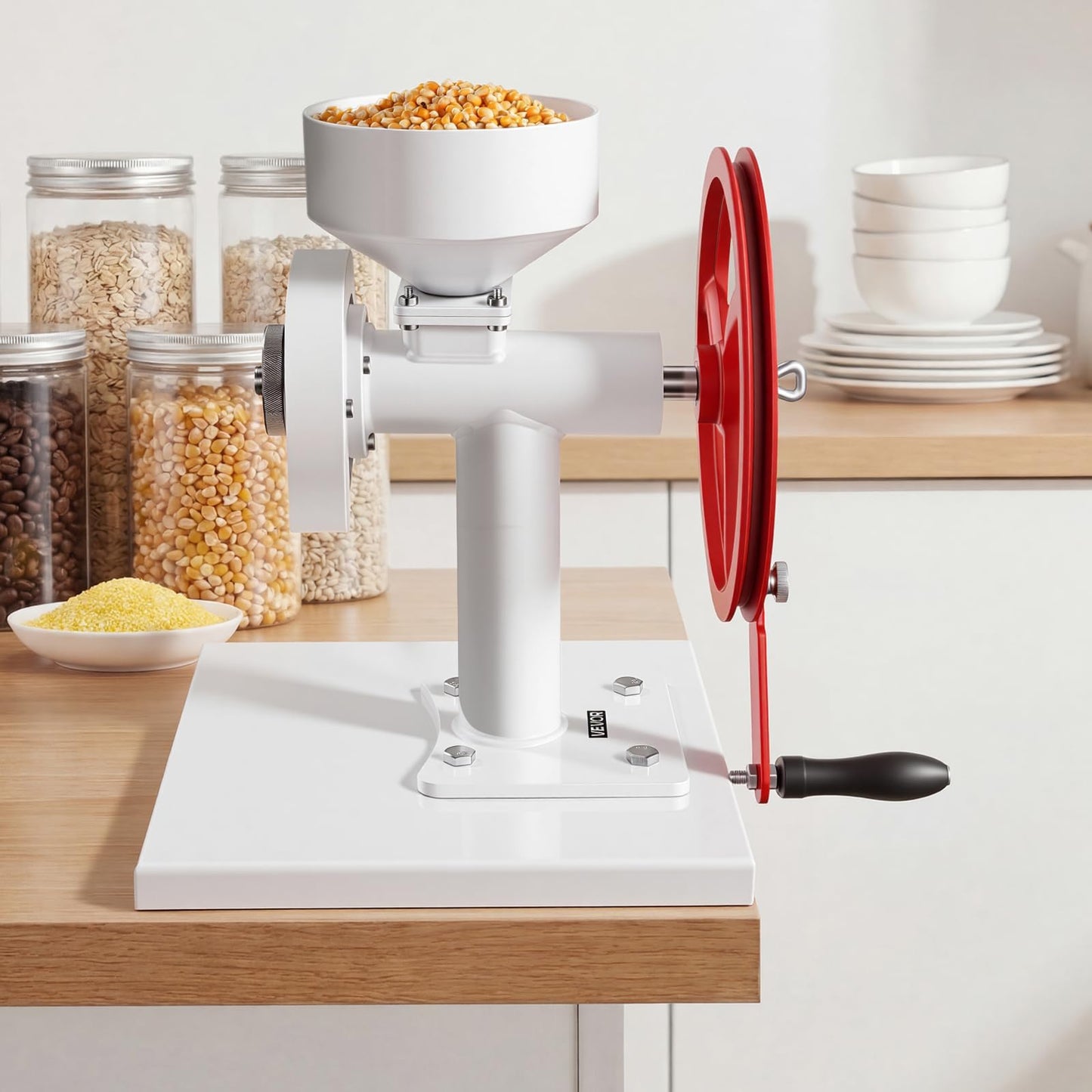 VEVOR Manual Grain Mill with Flywheel, Hand-Crank Corn Grinder, Heavy-Duty Carbon Steel Wheat Grinding Mill with Adjustable Fineness & 0.53 Gallon Hopper for Grains Spices Coffee Beans Nuts