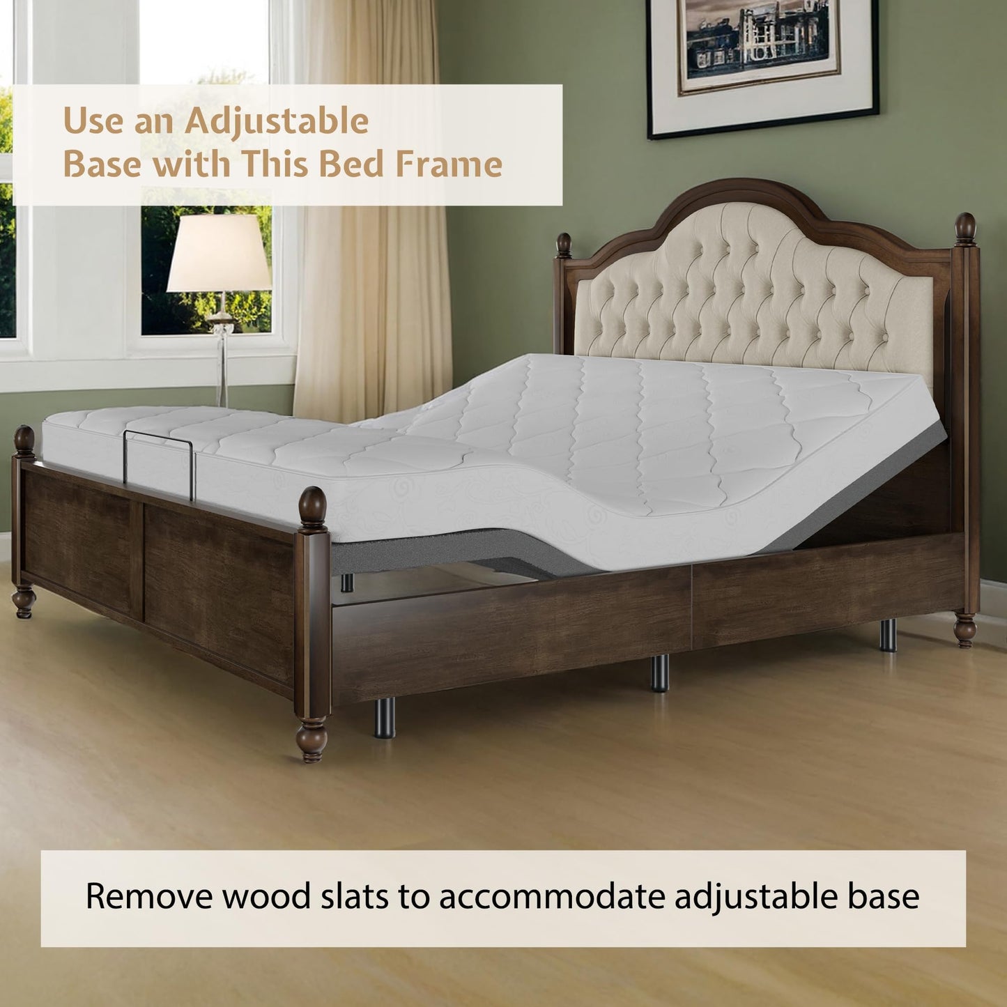 YUMPIE Queen Size Solid Wood Bed Frame, Transitional Platform Bed with 52.5" Tufted Upholstered Headboard, Rubberwood Construction, Roman Column Accents, No Box Spring Needed