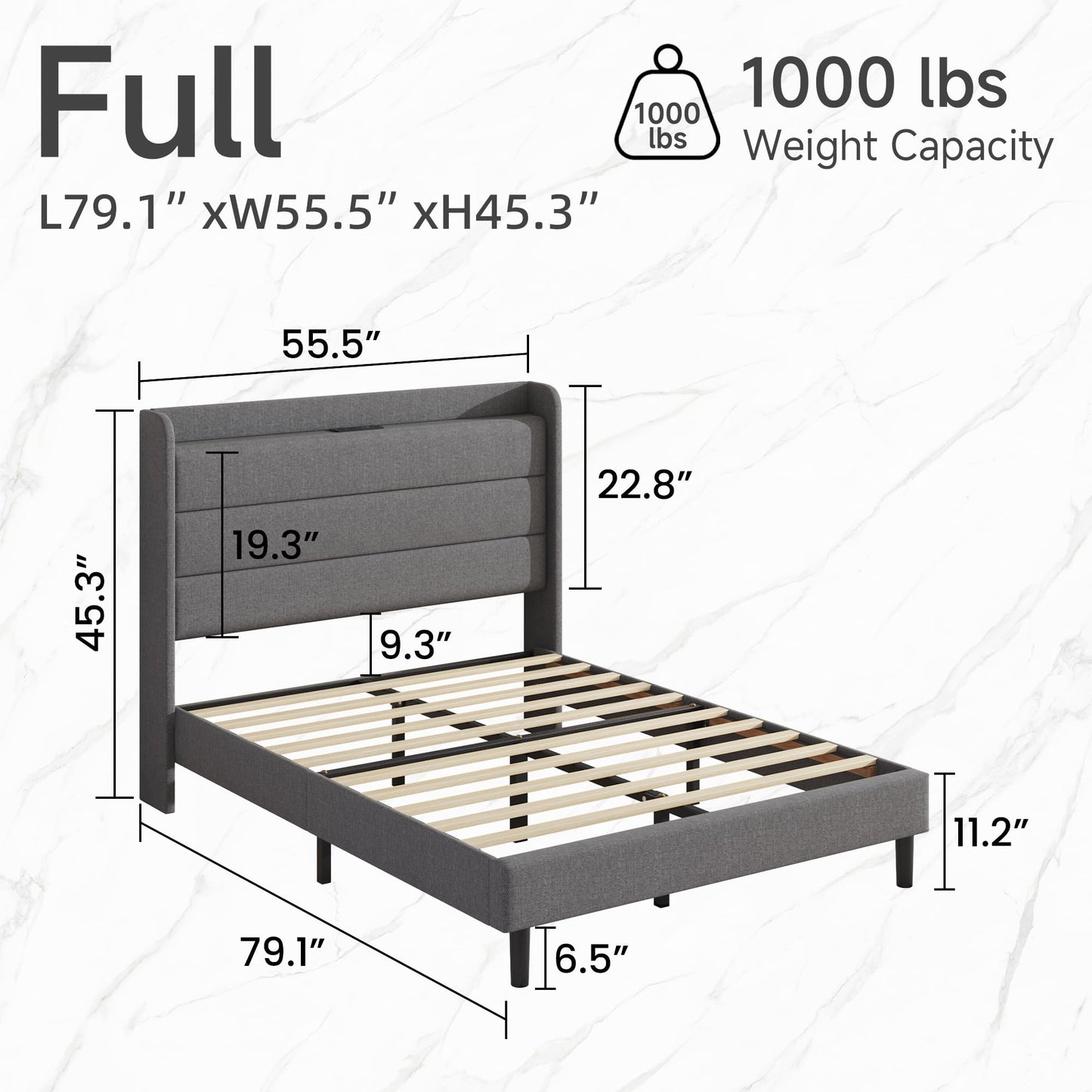 Lcwtvgxr Full Size Linen Multifunctional Bed Frame, Wingback Headboard with Charging Station & Storage Shelf, Upholstered Platform Bed, Noise Free, No Box Spring Needed, Easy Assembly, Grey