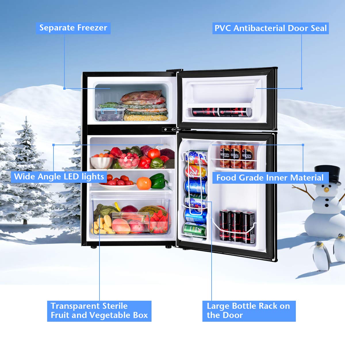 COSTWAY Mini Fridge with Freezer, 3.2 Cu.ft. 2-Door Mini Freezer Cooler Fridge w/Reversible Door, Removable Glass Shelves, Mechanical Control, Small Refrigerator for Bedroom, Dorm, Office (Black)