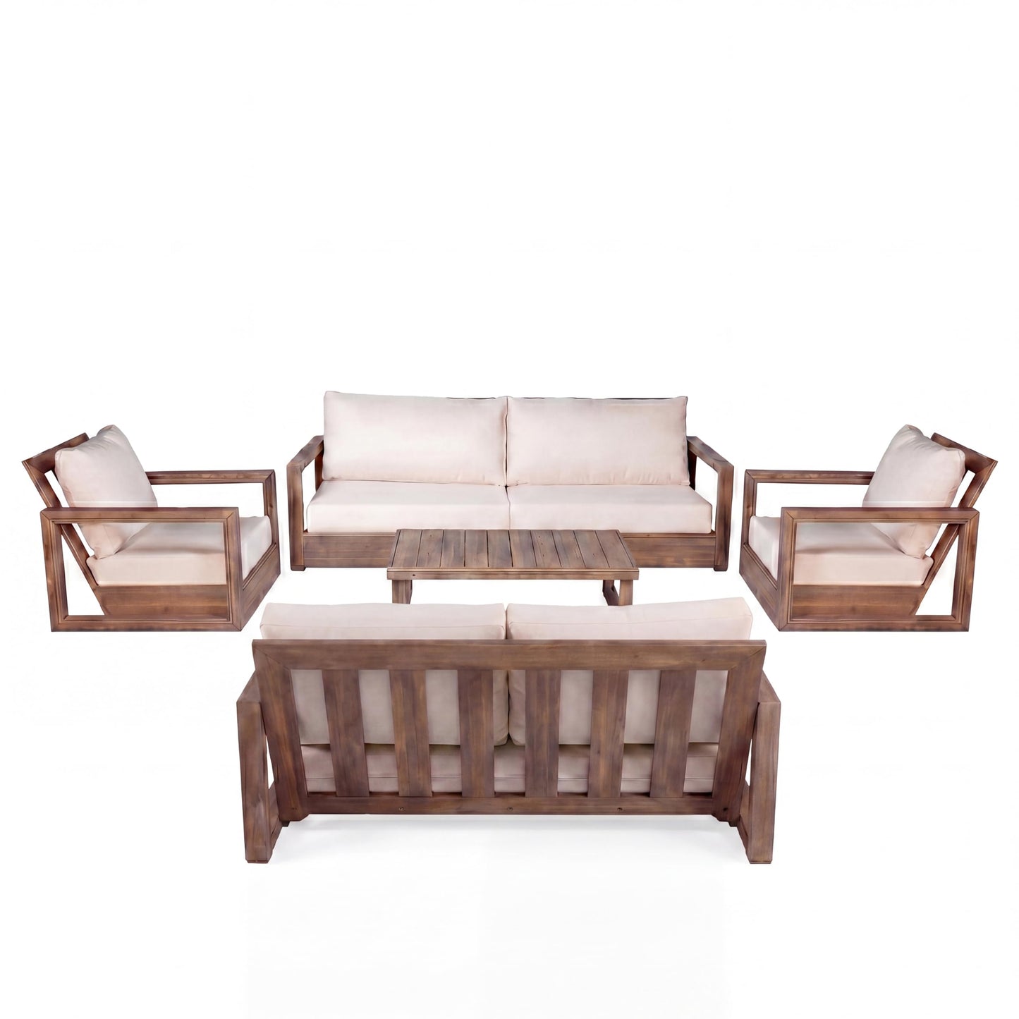 Christopher Knight Home 5-Piece Patio Furniture Set, Acacia Wood Outdoor Sofa Set with 3-Seater Couch, Loveseat, 2 Swivel Rocking Chairs & Coffee Table, Deep Seat Patio Conversation Set, Brown+Beige