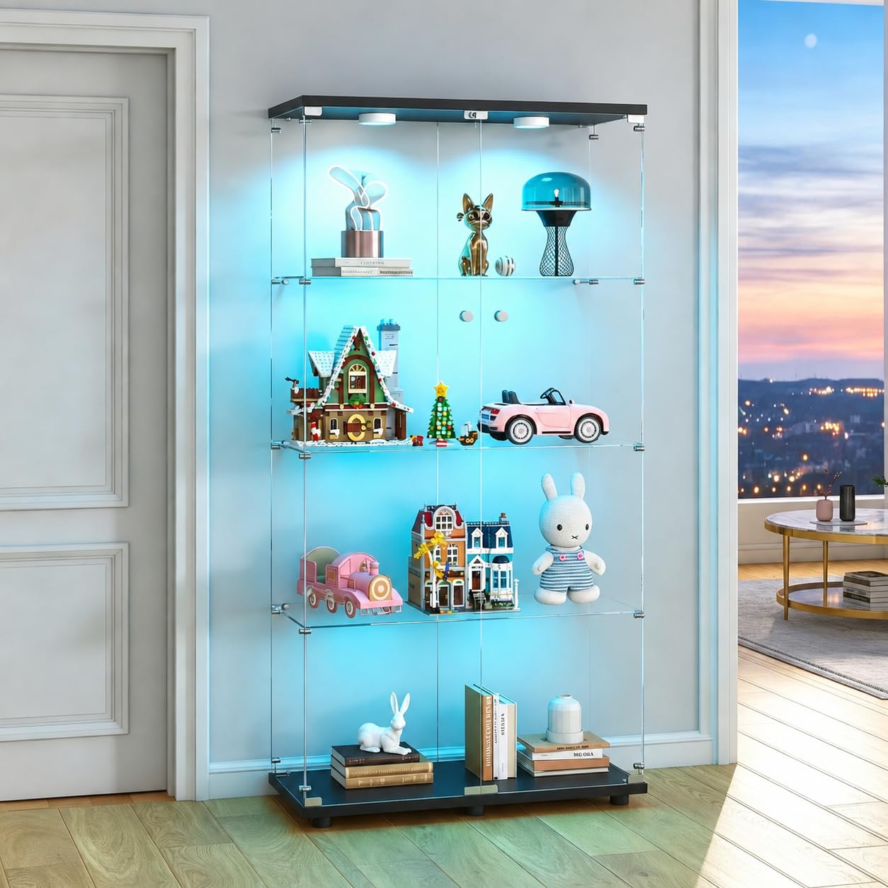 Kiivakii 4 Tier Tempered Glass Display Cabinet with Lights, Curio Cabinet with Lockable Glass Doors, Display Case for Collectibles, Living Room, Bedroom, Office, Black Double Door