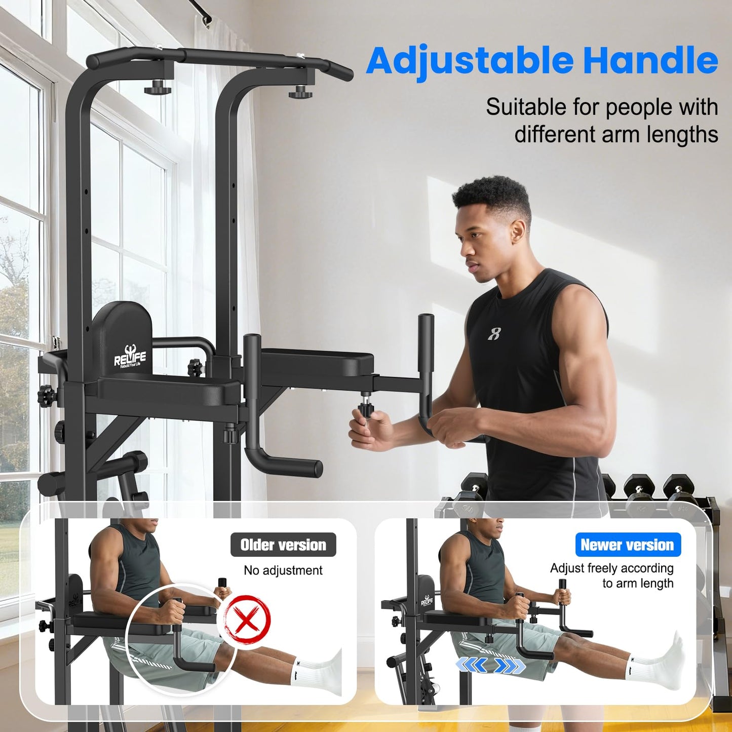 RELIFE REBUILD YOUR LIFE Power Tower Pull Up Bar Station Workout Dip Station for Home Gym Strength Training Fitness Equipment (Black-01)