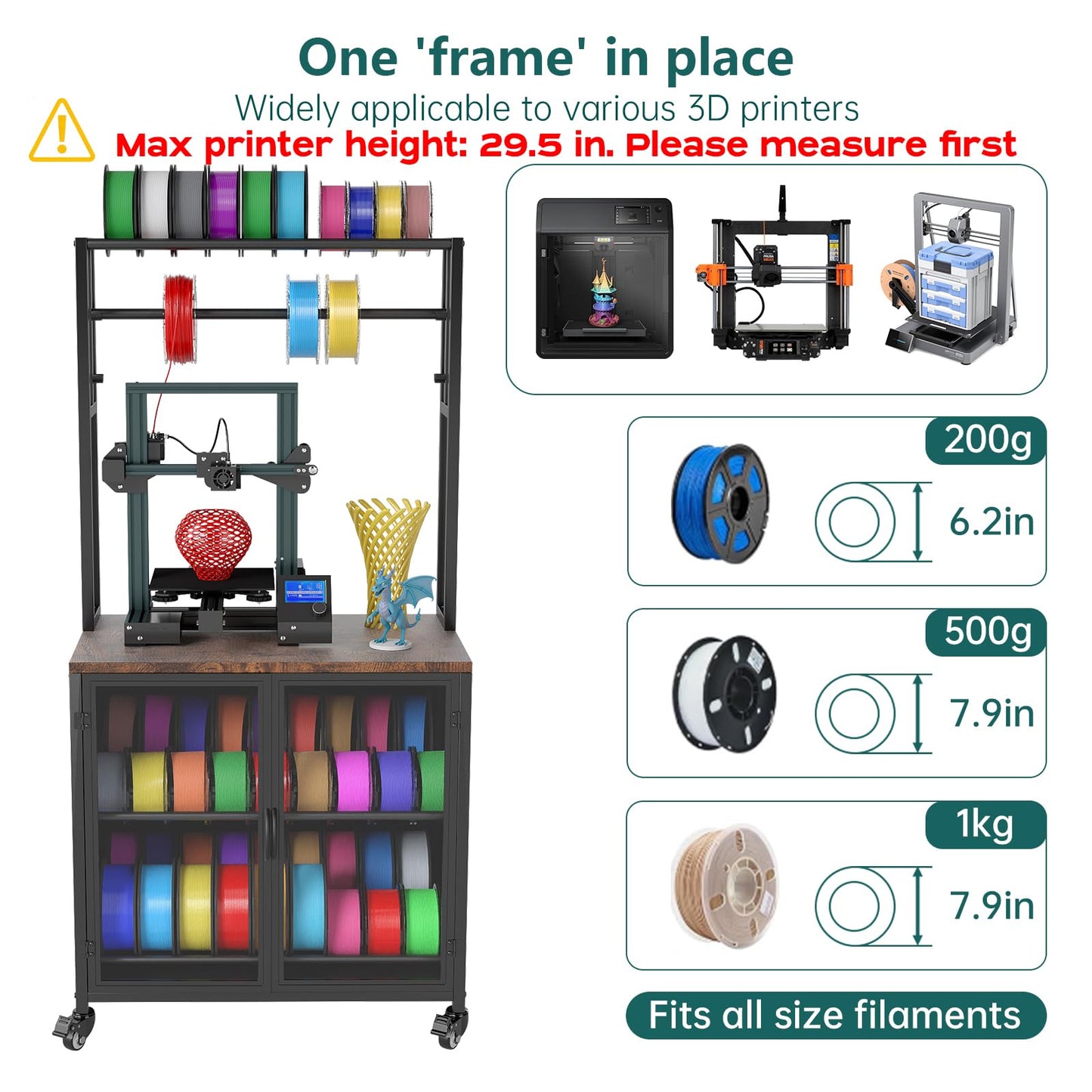MASHELLY 3D Printer Stand with Filament Storage, 29.5" x 18.9" Dustproof and Moisture-Proof Heavy Duty Large 3D Printer Table Cart with 360°Rolling & Cabinet for Workshop Studio Office (Rustic Brown)