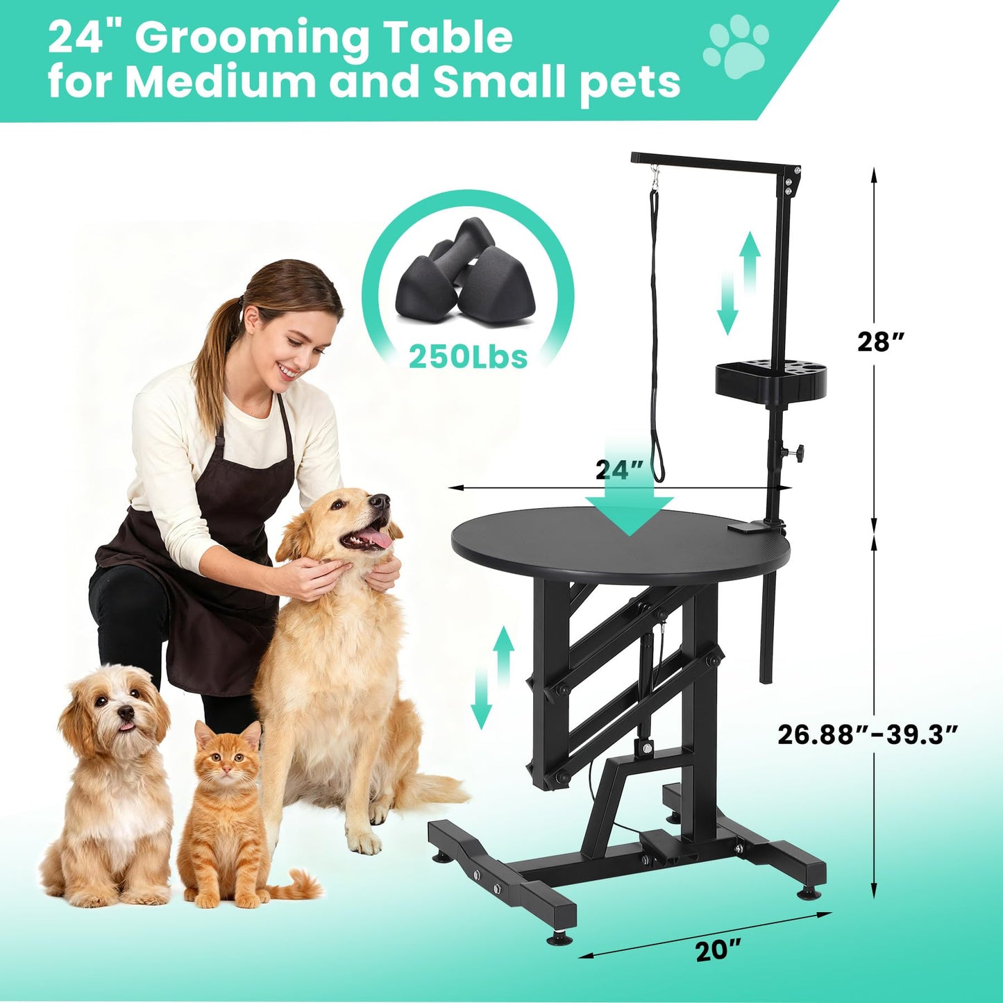 Garvee 24'' Hydraulic Lift Dog Grooming Table, Adjustable Cat Drying Rotating Desktop - Foldable, Adjustable Arm, Portable, Non-Slip Grooming Table for Large Small Dogs at Home, Capacity 250LBS
