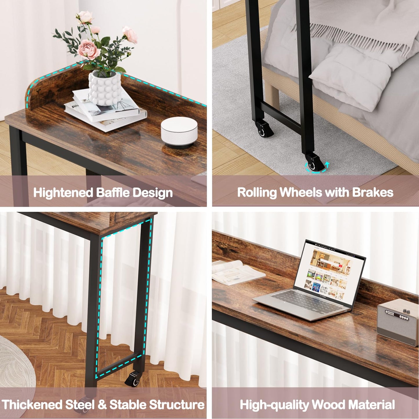 Ytaoka Table Overbed, Walnut, Queen Size, Wheels, Charging Station, 70.8" for Home and Hospital