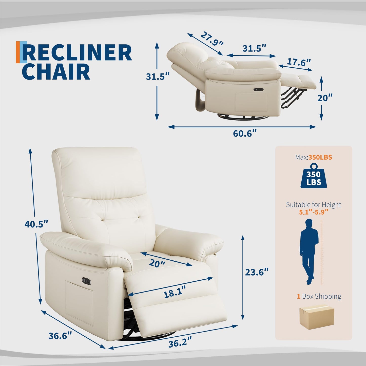 GAOMON Swivel Rocking Recliner Chair, Manual Leather Recliner Glider with Lumbar Support & Padded Armrest, Comfortable Rocker Nursery Single Sofa for Living Room and Bedroom (Off White)