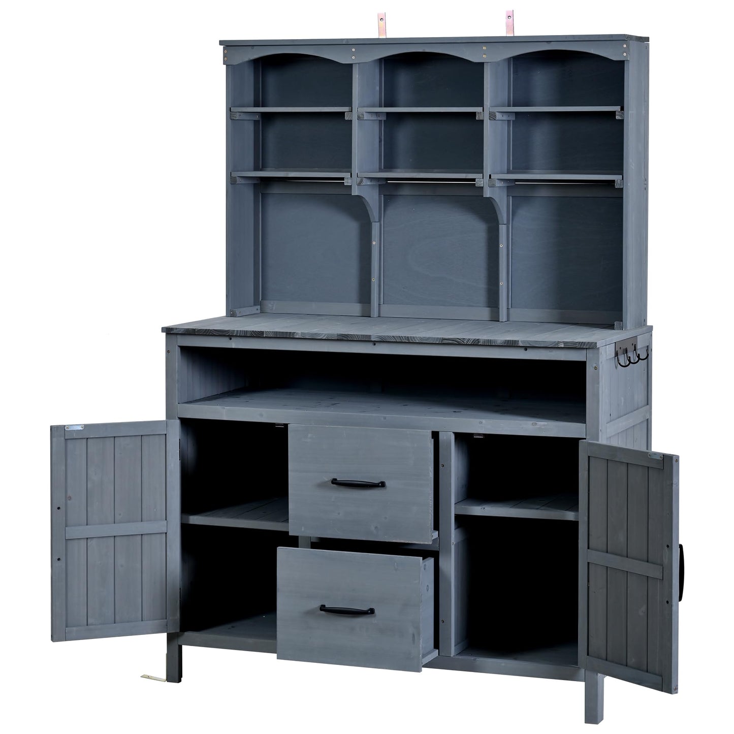 Merax 45.3" Large Outdoor Fir Wood Potting Bench with Storage, Multi-Functional Patio Kitchen Island with 6-Shelf Hutch+2 Cabinets+2 Drawers+3 Hooks, Garden Workstation for Planting, Gardening, Gray