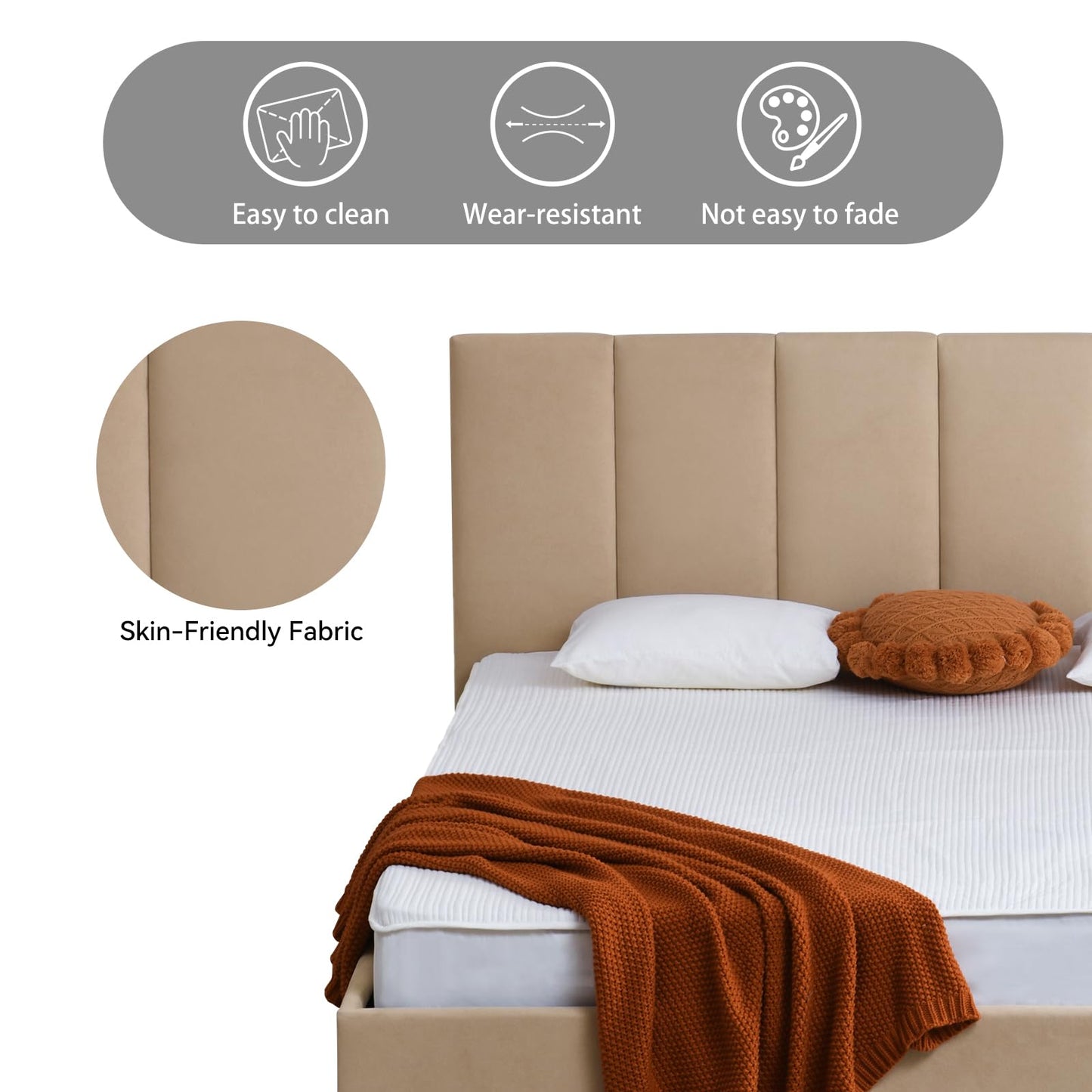VELOCAVA King Size Upholstered Lift-Up Storage Bed, Beige Linen-Look Fabric Bed Frame with Vertical Panel Headboard, Hydraulic Lift Storage, Wooden Slat Support, No Box Spring Needed