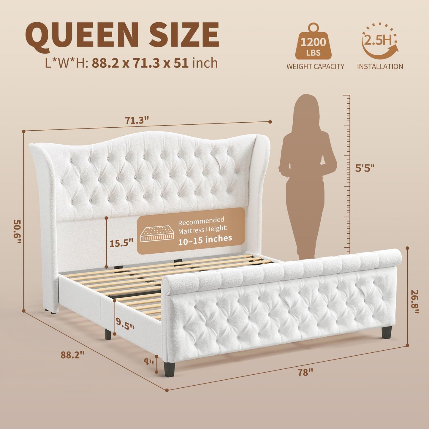 koorlian Queen Size Bed Frame with Headboard,Chenille Upholstered Sleigh Platform Bed,Luxury Button-Tufted Wingback Headboard 50.6" Tall & Sleigh Footboard,No Box Spring Needed,Easy Assembly