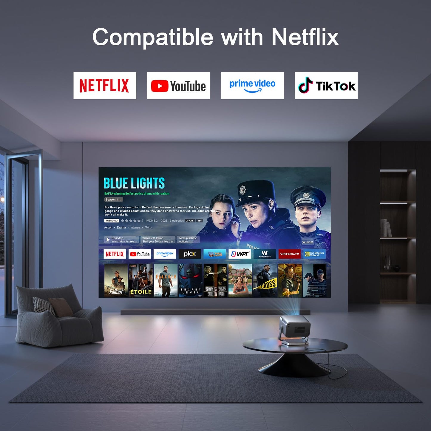 [Now with Netflix & 3000 ANSI] 4K Projector with WiFi and Bluetooth, Auto Focus Keystone & Dolby Audio, Smart Outdoor Projector with Adjustable Stand for Home Bedroom (grey）