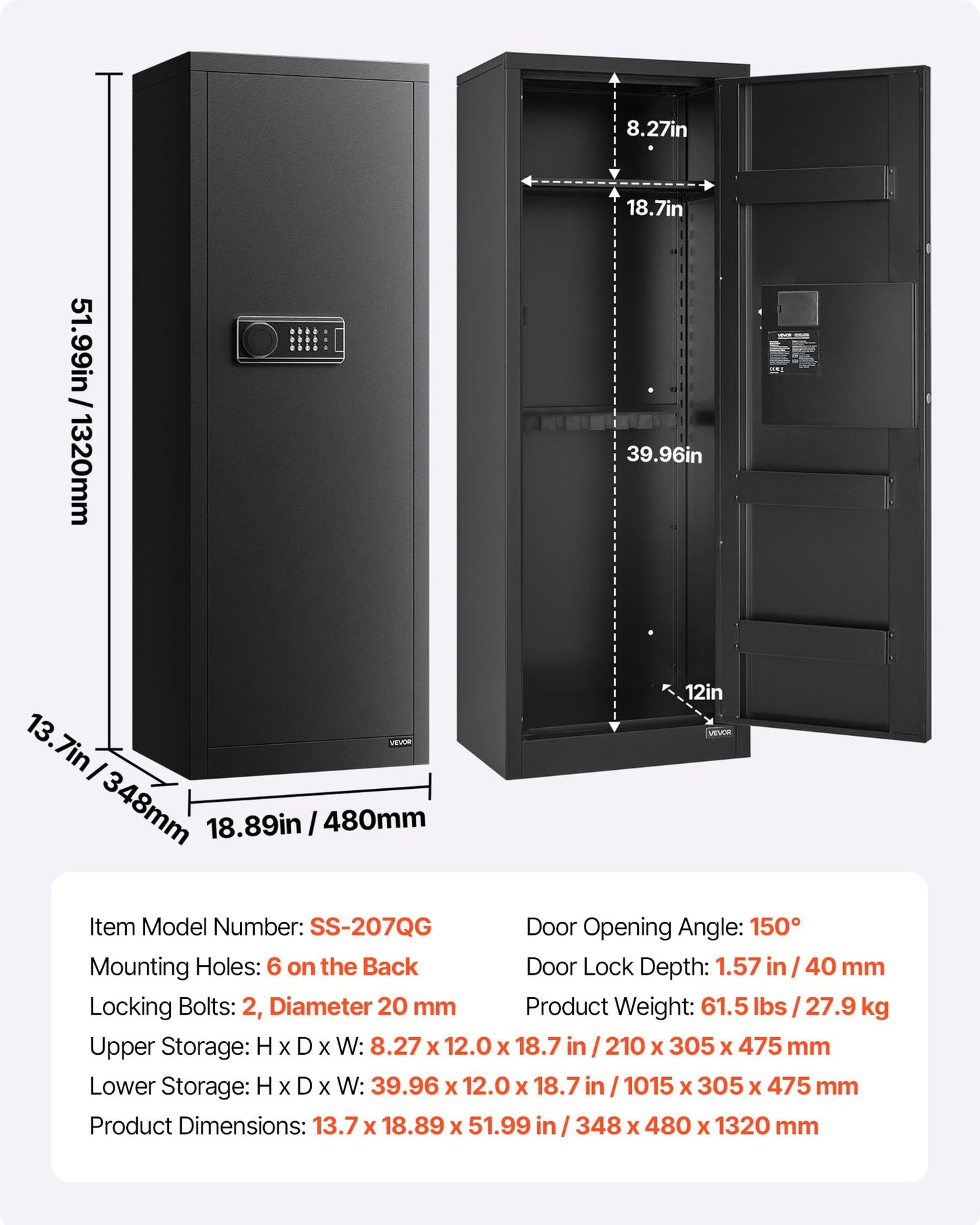 VEVOR 6-8 Gun Safe, Long Gun Cabinet for Rifles and Pistols, Quick Access Rifle Safe with 3 Ammo Slots and 2 Adjustable Racks, Large Digital Cabinet with Key and Password Lock