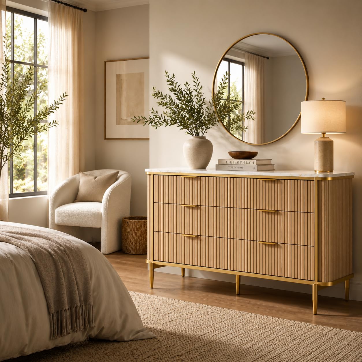 OneBlis 55.1" W 6 Drawer Dresser for Bedroom, Modern Fluted Wood Dresser with Marble-Look Top and Gold Accents, Double Chest of Drawers Storage Cabinet for Closet, Living Room, Entryway, Natural Oak