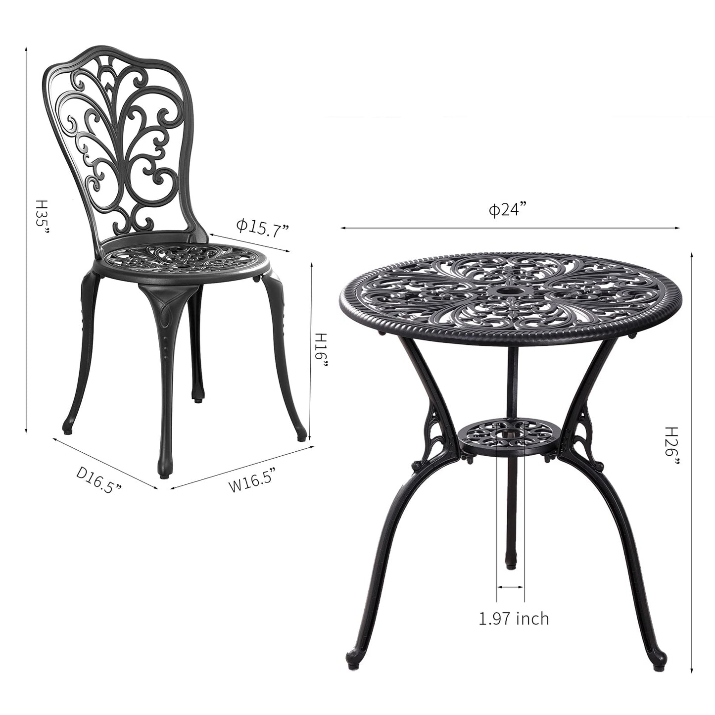 Withniture Outdoor Bistro Set 3 Piece Patio Bistro Set, Cast Aluminum Bistro Table and Chairs Set of 2, Small Patio Table Set for Porch, Black