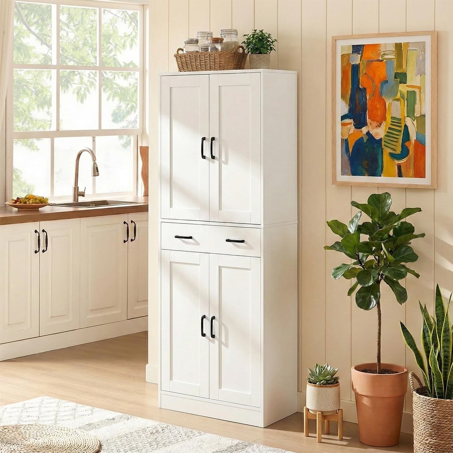DIYART 71" Tall Kitchen Pantry Cabinet, Freestanding Food Storage Cupboard with Drawer and 4 Doors, Large White Utility Floor Cabinet with Adjustable Shelves for Dining Room, Home Office