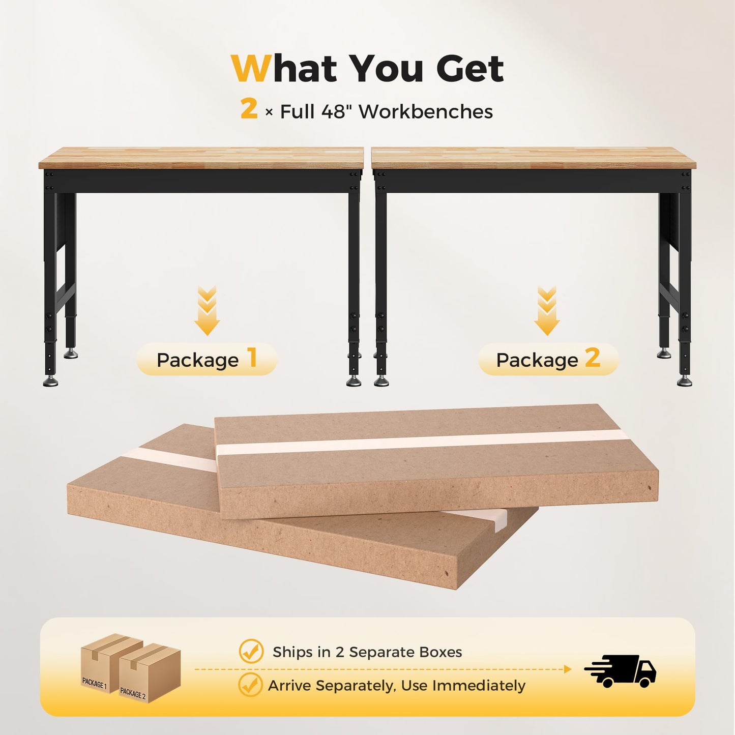 CAMMOO 96" Adjustable Heavy Duty Workbench, 2000 LBS Load Capacity Rubber Wood Work Table with Pegboard, Power Outlets, Work Bench for Garage, Workshop, Office, Home, Commercial, Ships in 2 Boxes