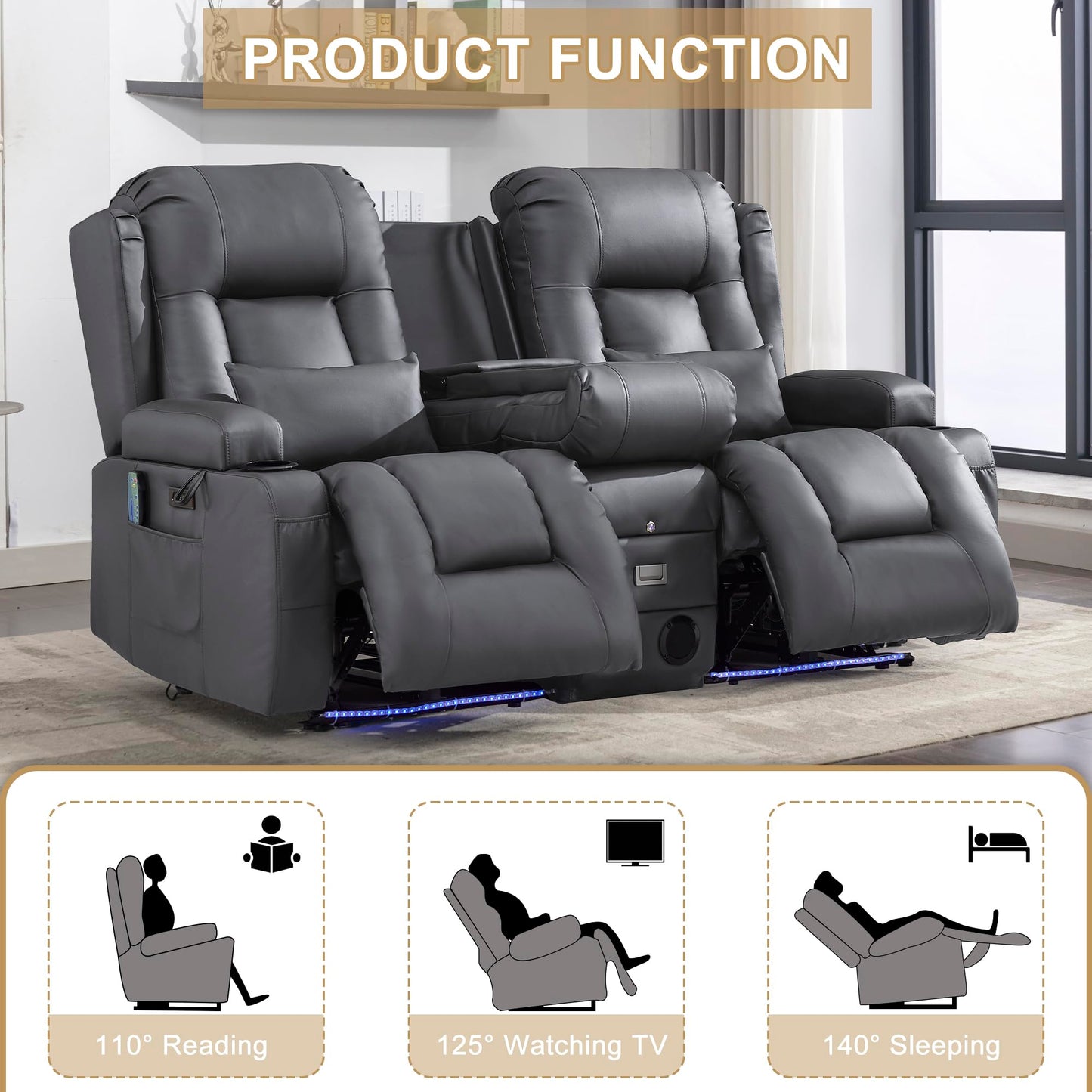 URRED Power Loveseat Recliner Sofa with Massage and Heat, Wall Hugger Reclining Loveseat with Console, RV Couch Home Theater Seating with LED Lights for Living Room (Ash Gray, 67" - 2 Seats)