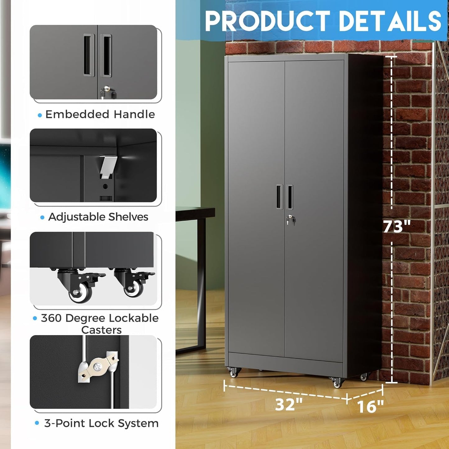 Greenvelly 73" Metal Storage Cabinet with Wheels, Black Garage Storage Cabinet with 4 Adjustable Shelves and Locking Doors, Garage Rolling Storage Cabinet for Warehouse, Garage, Home Office, School
