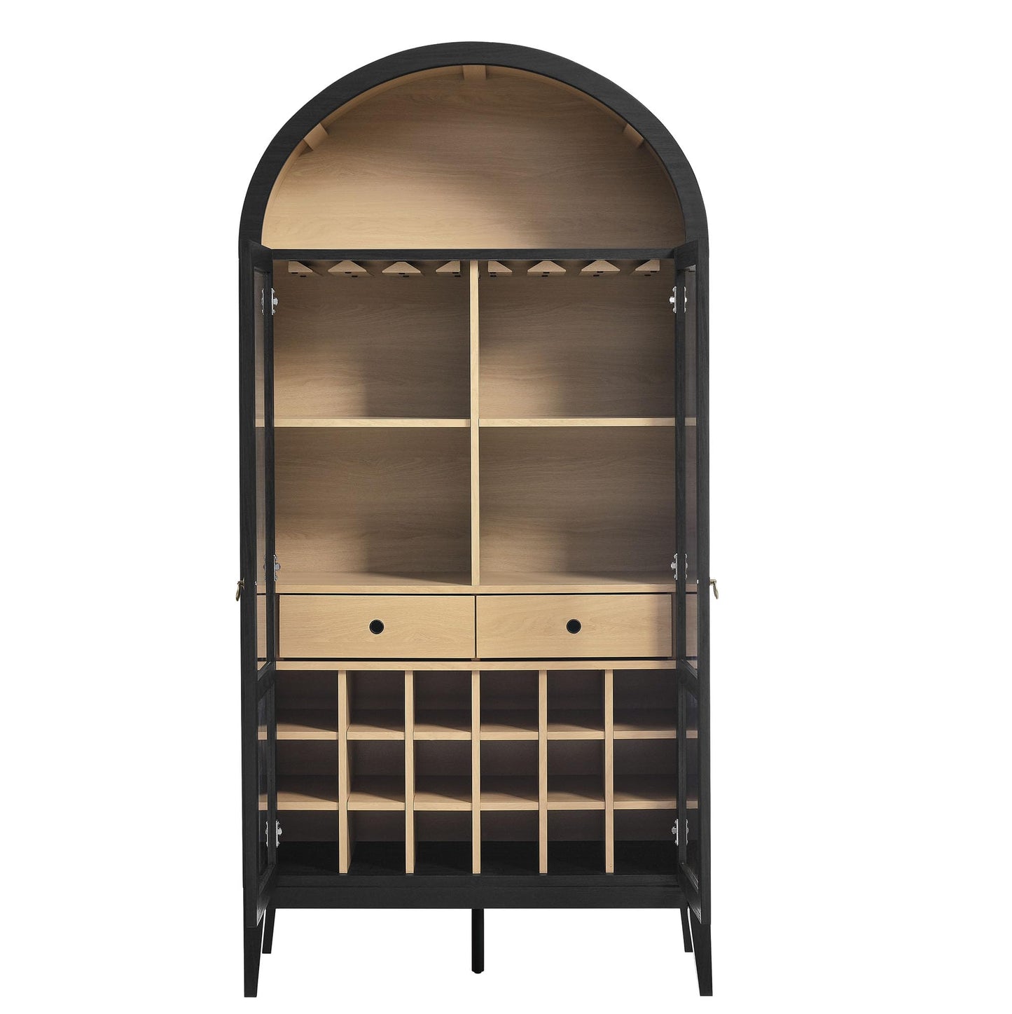 Modway Nolan Modern Farmhouse Arched Bar Cabinet in Black Wood Grain - 72 Inch Tall Wine Storage Cabinet with Glass Doors and Wine Rack - Large Liquor Cabinet for Dining or Living Room