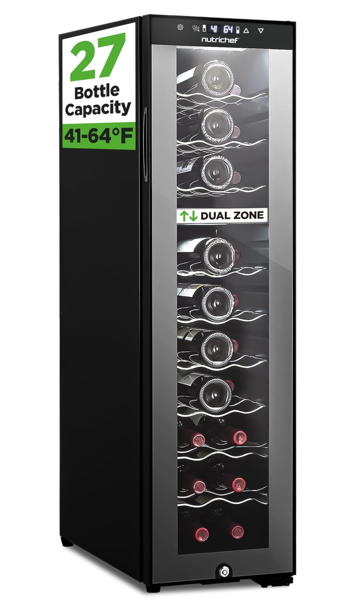 Nutrichef 27 Bottle Wine Fridge | Dual Zone Adjustable Temperature Control 41°F to 64°F | Ultra Quiet | Wine Cooler For Home, & Office | FreeStanding 43x11x23 IN | Black