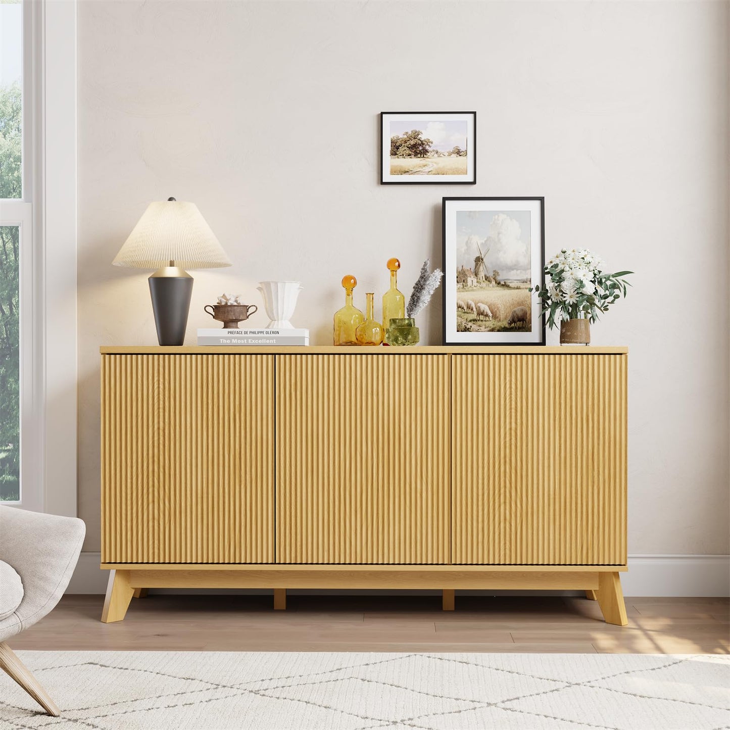 Garvee 58" Modern Farmhouse Buffet Cabinet with Curved Doors & Adjustable Shelves - Wood Storage Sideboard for Dining Room, Coffee Bar Console, Living Room
