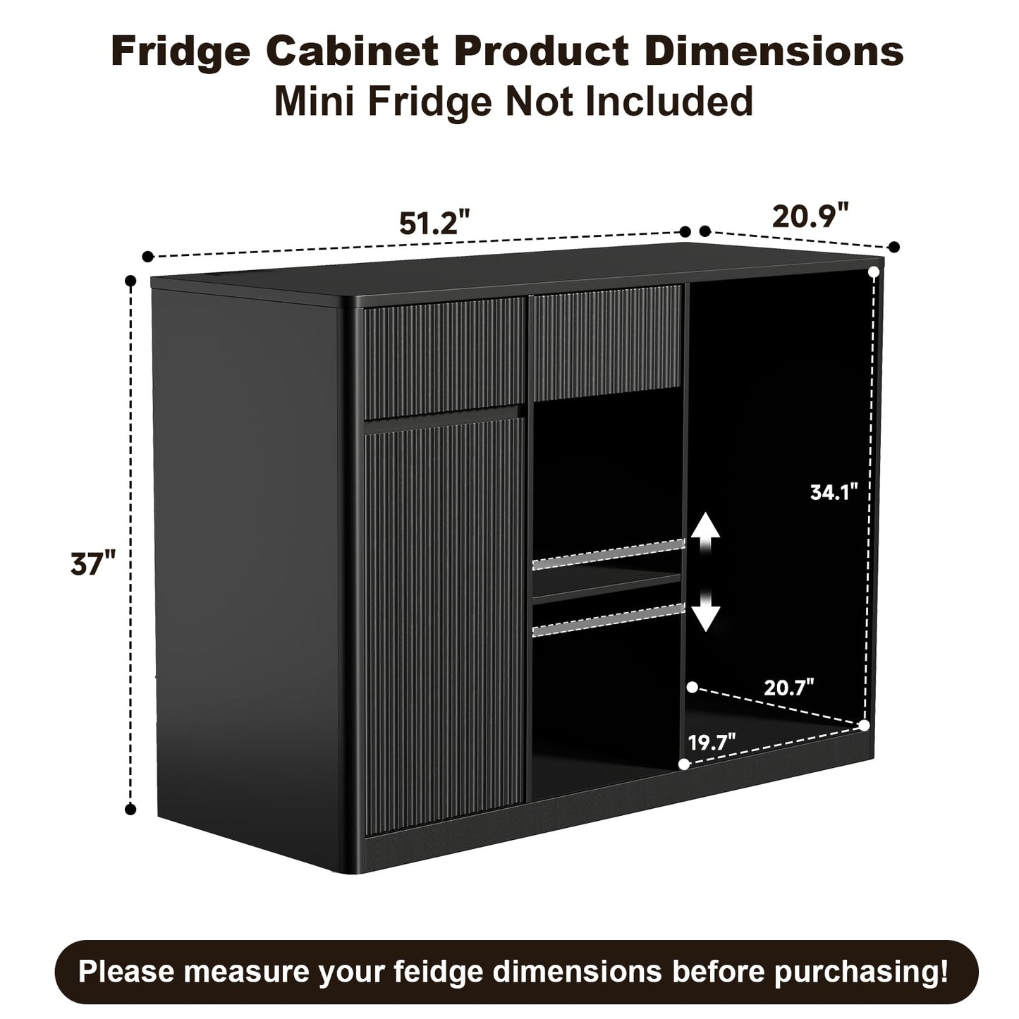 Zevemomo Large Coffee Bar Cabinet with Fridge Space, Fridge Cabinets with Fluted Door & Adjustable Shelves & Glass Rack, Wine Bar Buffet Sideboard Storage Cabinet for Living Room, Dining Room, Black