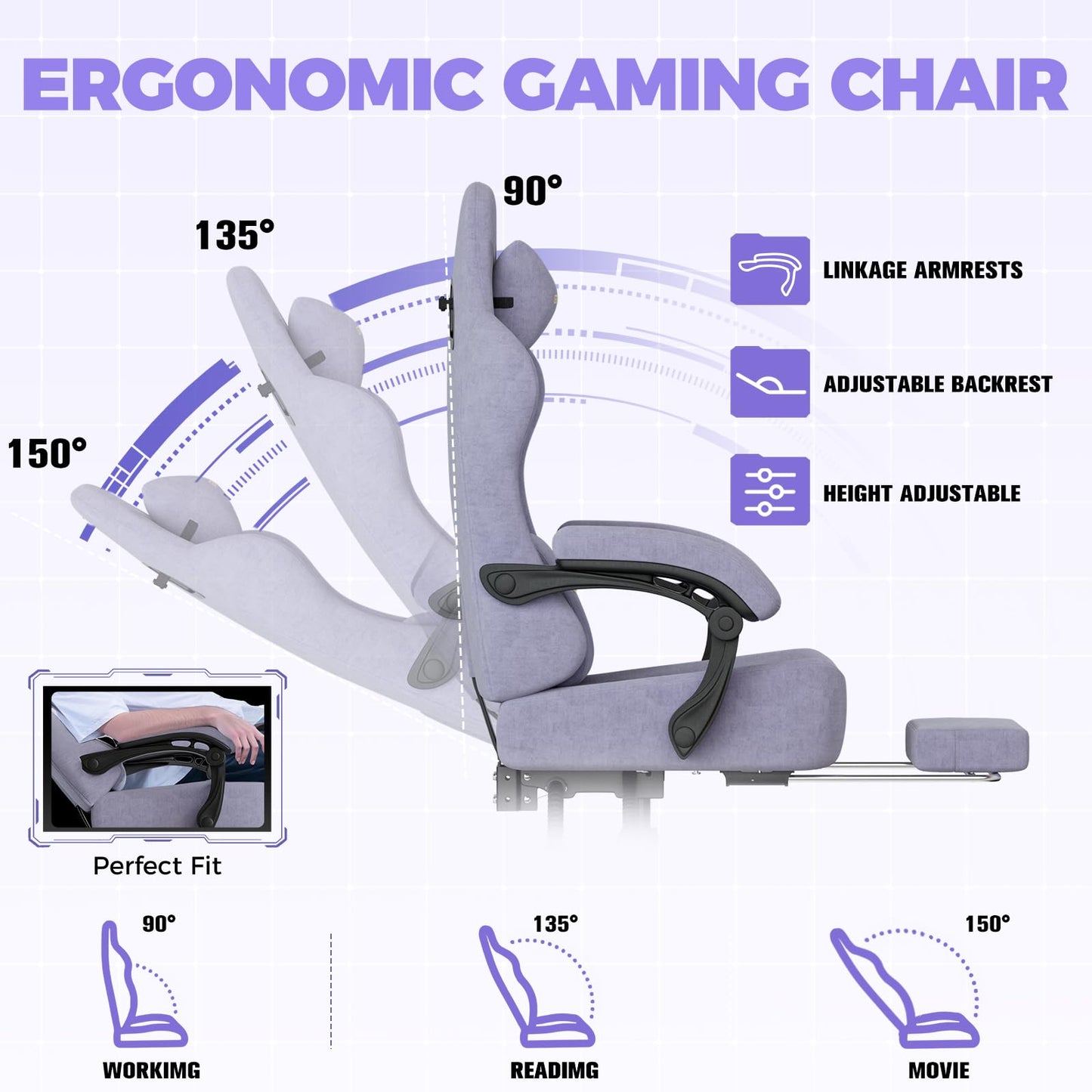 GTPLAYER Gaming Chair with Pocket Spring Cushion, High Back Ergonomic Computer Chair with Footrest for Adults Lumbar Support Swivel Game Chair for Office Gaming 350LBS, Fabric Macaron Purple