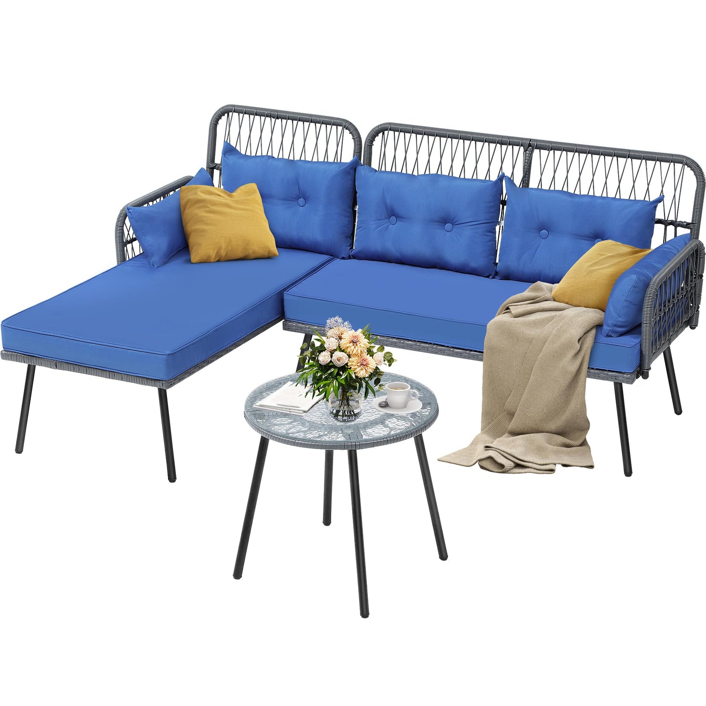 YITAHOME Patio Furniture L-Shaped Coversation Sectional Outdoor Sofa Set for Backyard, Porch with Thick Cushions Detachable Lounger, Side Table (Gray+Navy Blue)