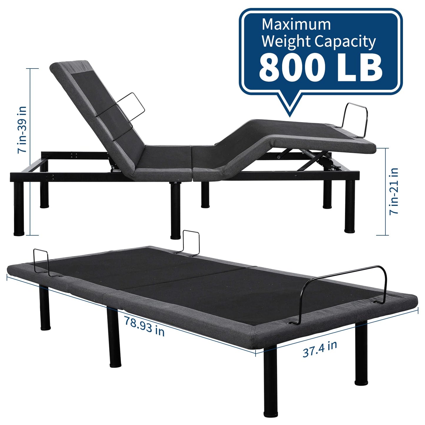 Garvee Twin XL Adjustable Bed Frame with Massage - Electric Bed Base with Head & Foot Incline, LED Under-Bed Night Light, 4 Height-Adjustable Legs, Wireless Remote, Zero/Anti-Snore/Memory Presets