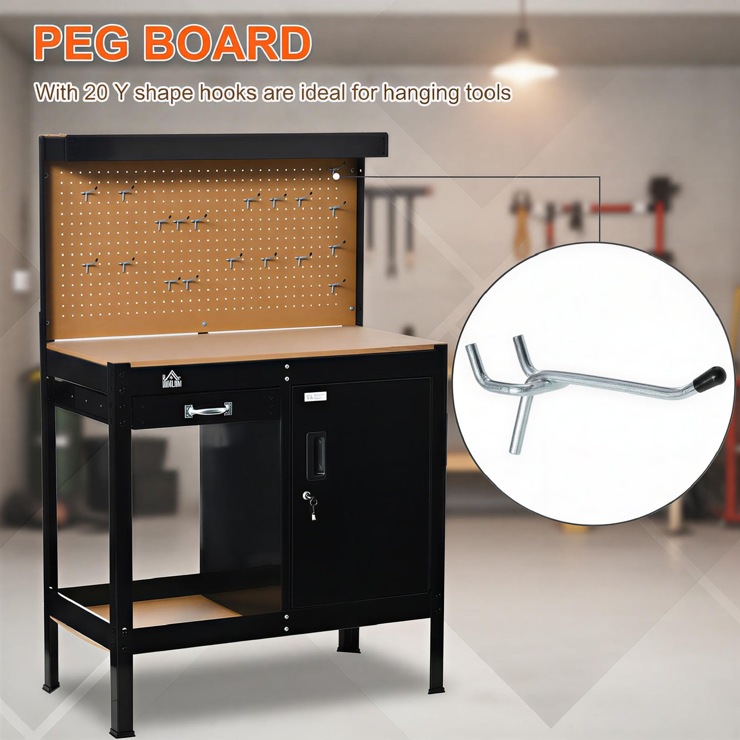 HOMCOM Multipurpose Workbench, Workshop Tool Table with Storage Cabinet with Lock and Keys, Slide Drawer, Peg Board