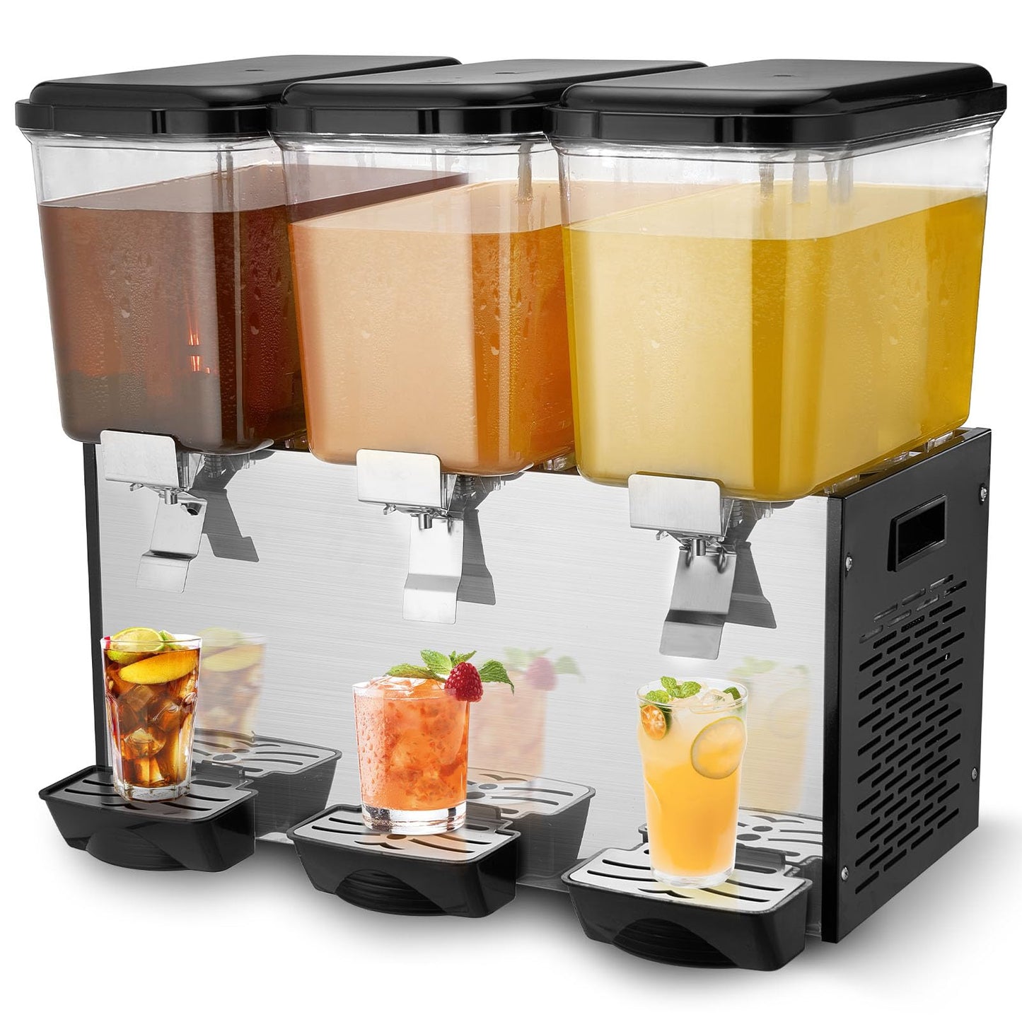 VEVOR Commercial Beverage Dispenser, 3 Tanks Juice Dispenser, 18 L / 19 QT Per Tank, 512W Stainless Steel Ice Tea Drink Machine with 45℉ to 54℉ Cooling Temp, for Cold Drink Restaurant Bar Party