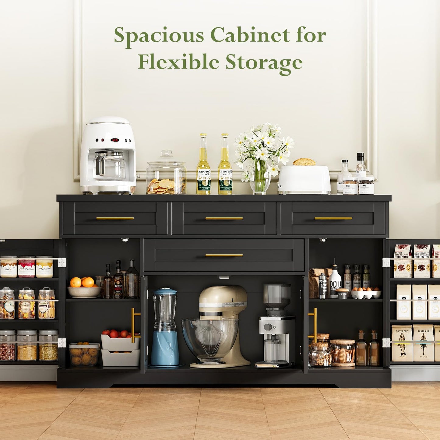 Concho 54" Buffet Cabinet with Storage, Kitchen Sideboard Cabinet with 4 Drawers, Coffee Bar Cabinet with Shelves, Modern Storage Cabinet for Dining Room, Living Room & Kitchen, Black