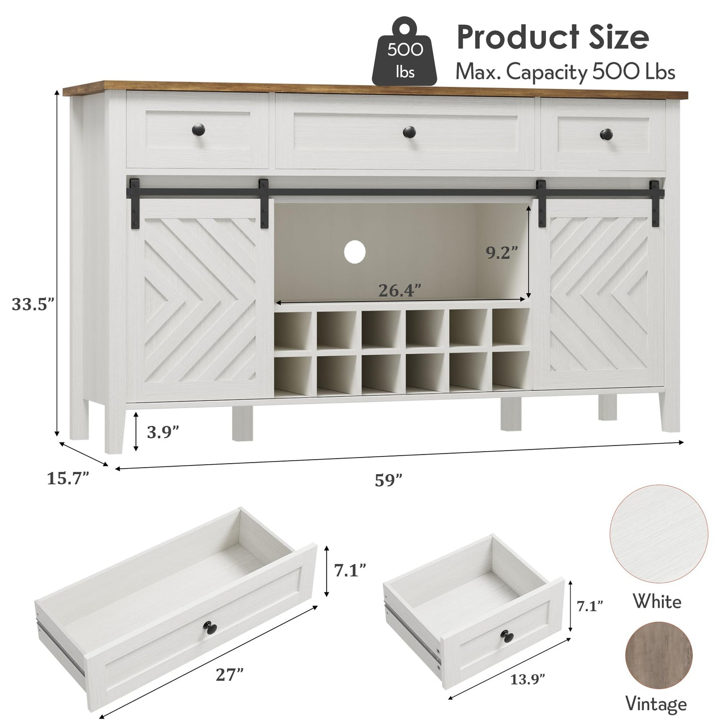 CABIHOME Farmhouse 47.2'' Buffet Cabinet with Sliding Barn Door, 33.4'' Tall Wood Rustic Sideboard with 3 Drawer, Adjustable Shelf and Removable Wine Rack (White, 59'')