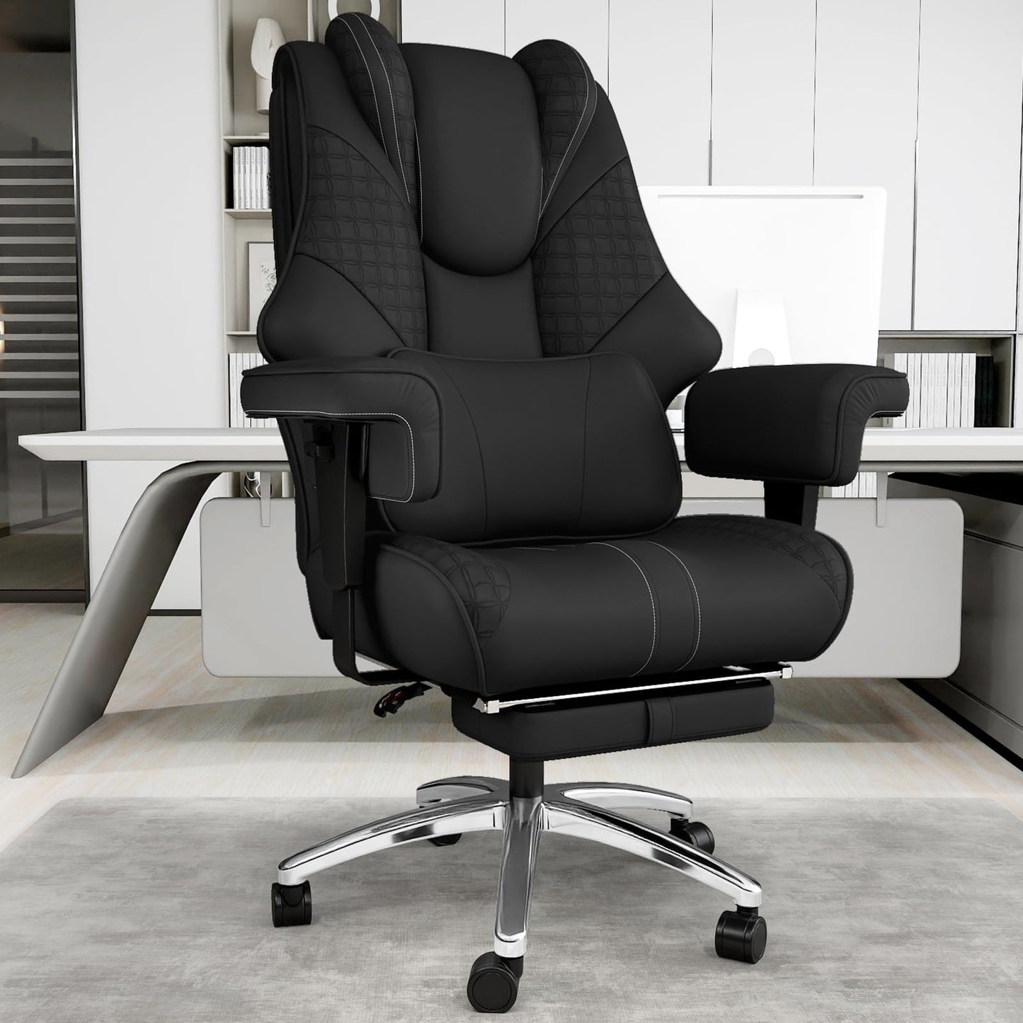 400lbs Big and Tall Office Chair, Wide Ergonomic Leather Executive Chair for Heavy People with Foot Rest, High-Back Reclining Computer Chair with Swivel Wheels and Lumbar Support (Black)